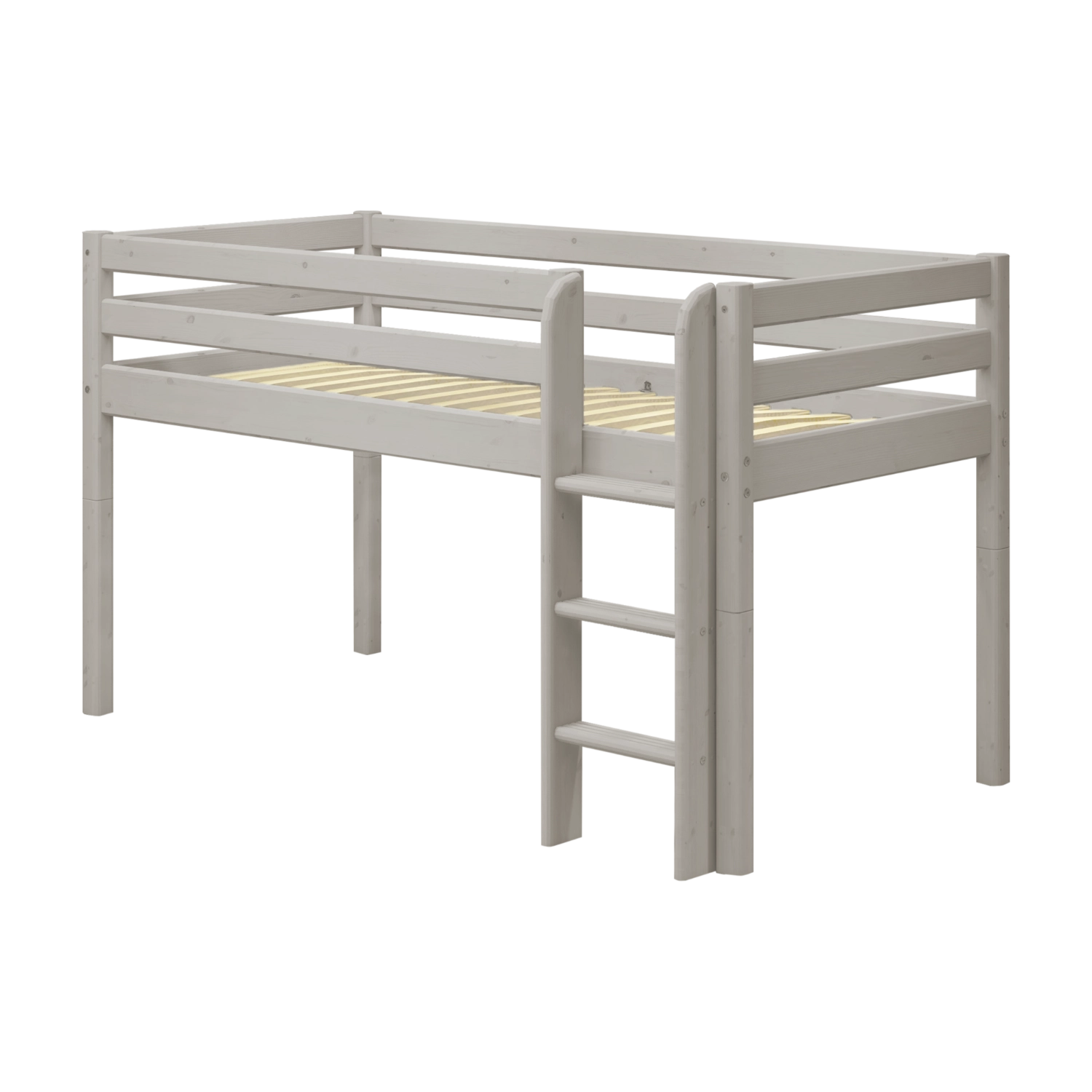 FLEXA CLASSIC grey pine high bed ladder and legs with right anti-slip ladder, visible guardrails, child-safe design.