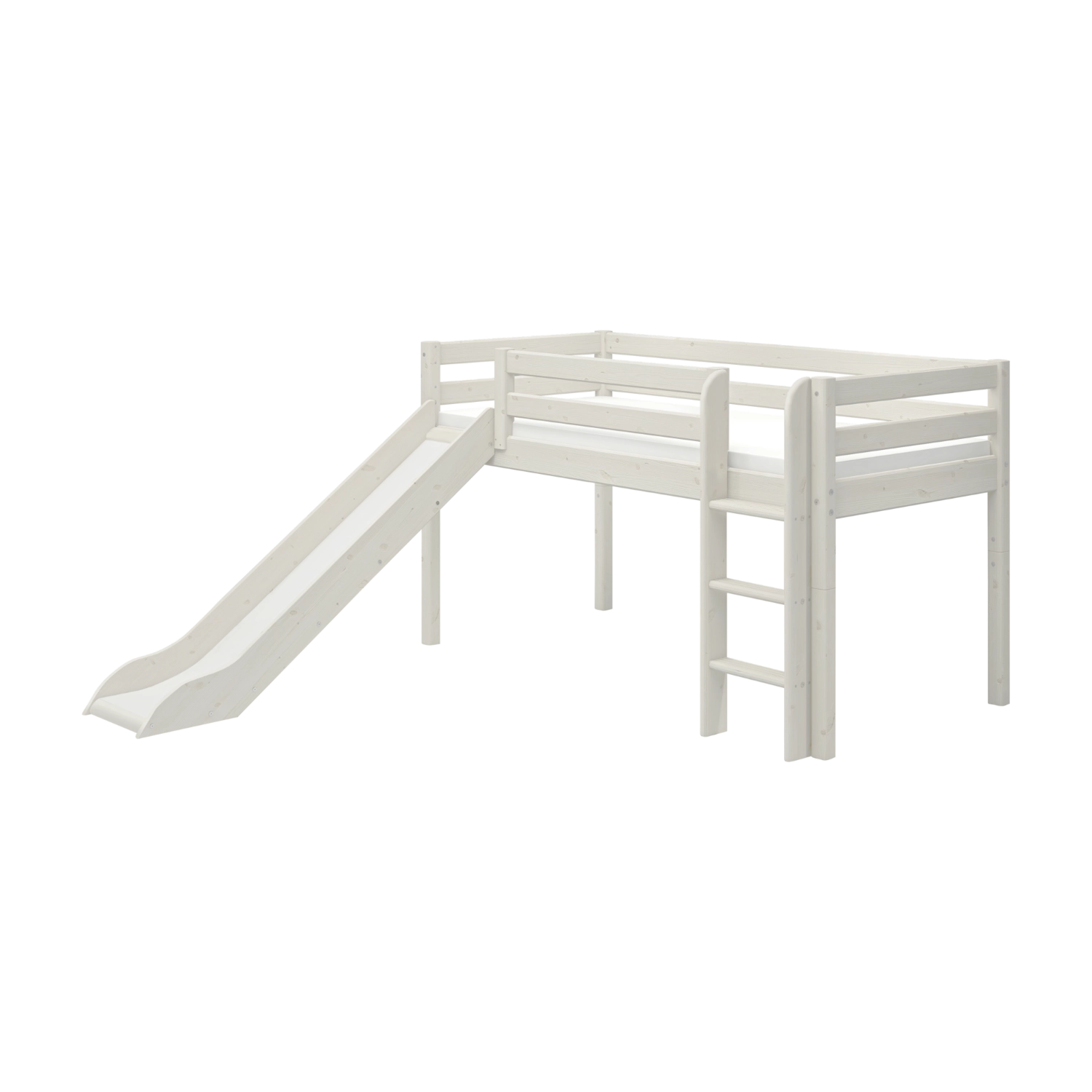 FLEXA WHITE high bed with slide and ladder, CLASSIC collection, child-safe edges, wood finish, plain background.