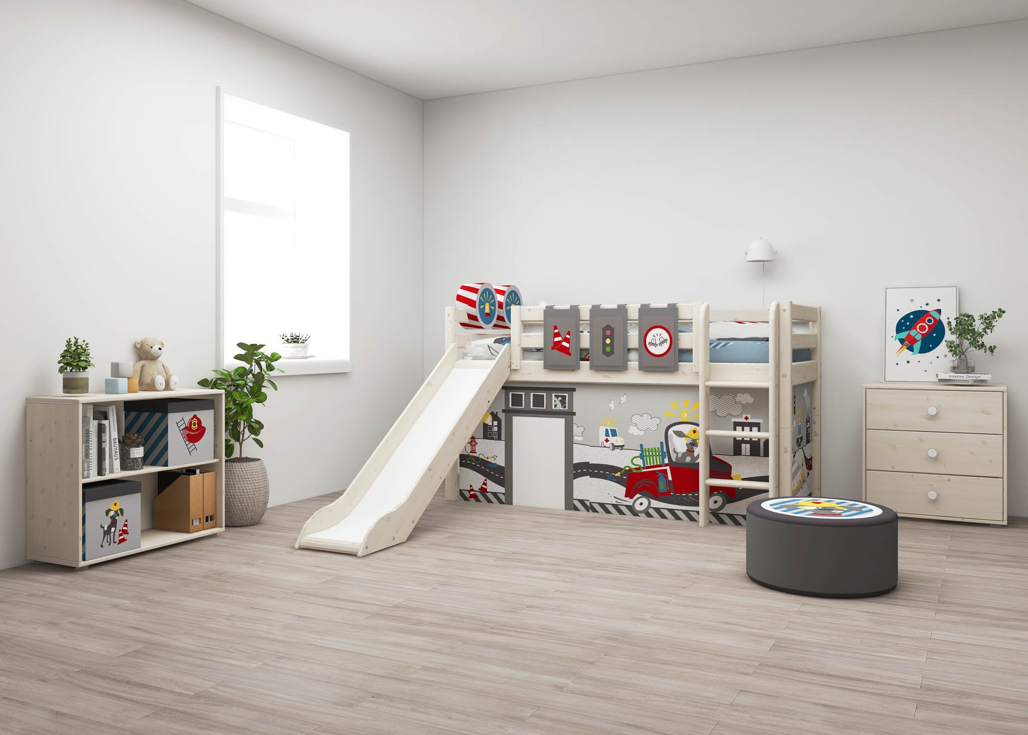 FLEXA HIGH BED 120cm in white with slide, ladder, firetruck theme; child-safe design in a kids’ bedroom.
