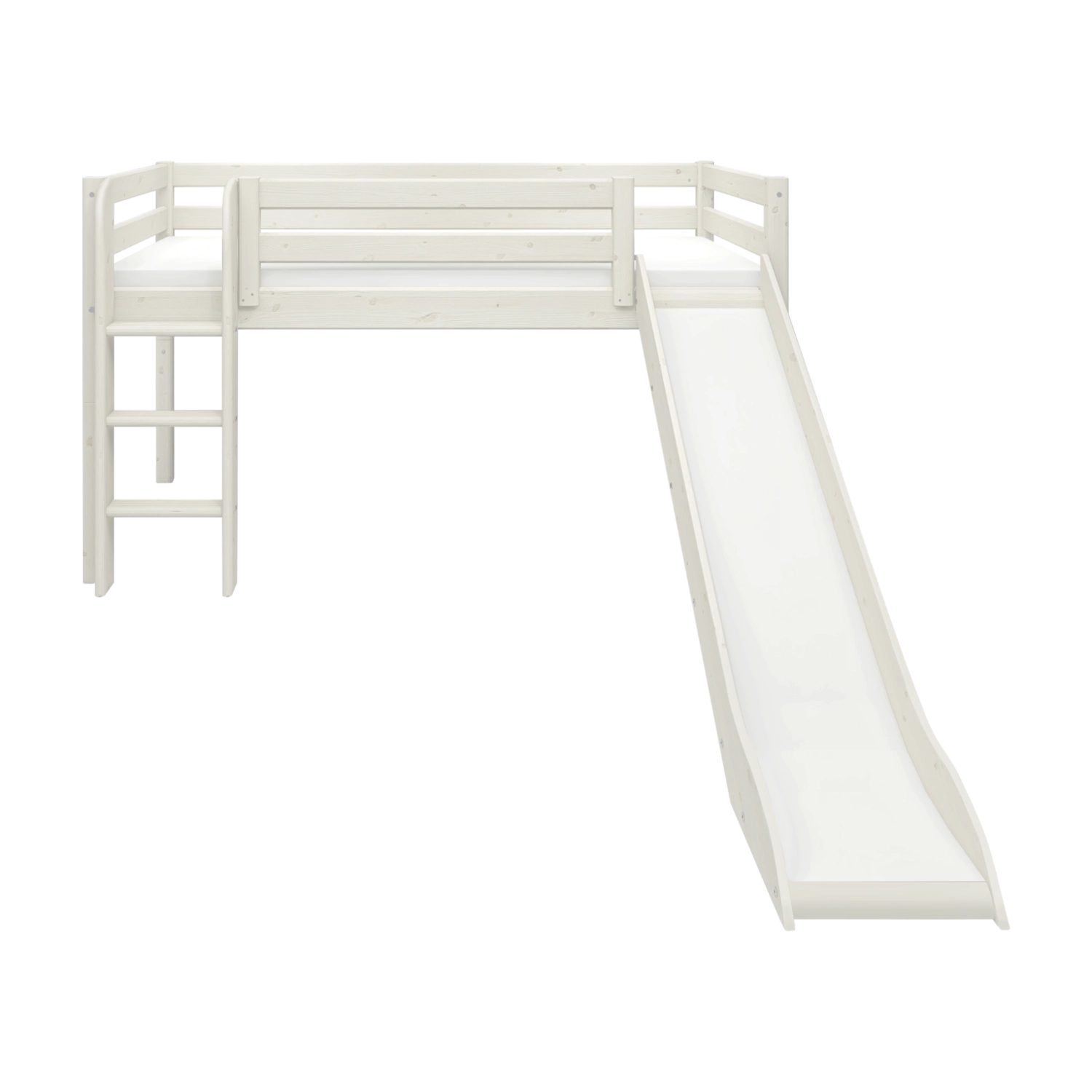 White FLEXA CLASSIC high bed with slide and ladder, child-safe design, in a children’s bedroom, 90x200 cm.