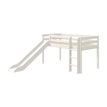 FLEXA HIGH bed with safety rails, white finish, left slide and ladder, visible in a child’s bedroom setting.