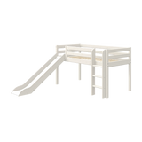 FLEXA HIGH bed with safety rails, white finish, left slide and ladder, visible in a child’s bedroom setting.