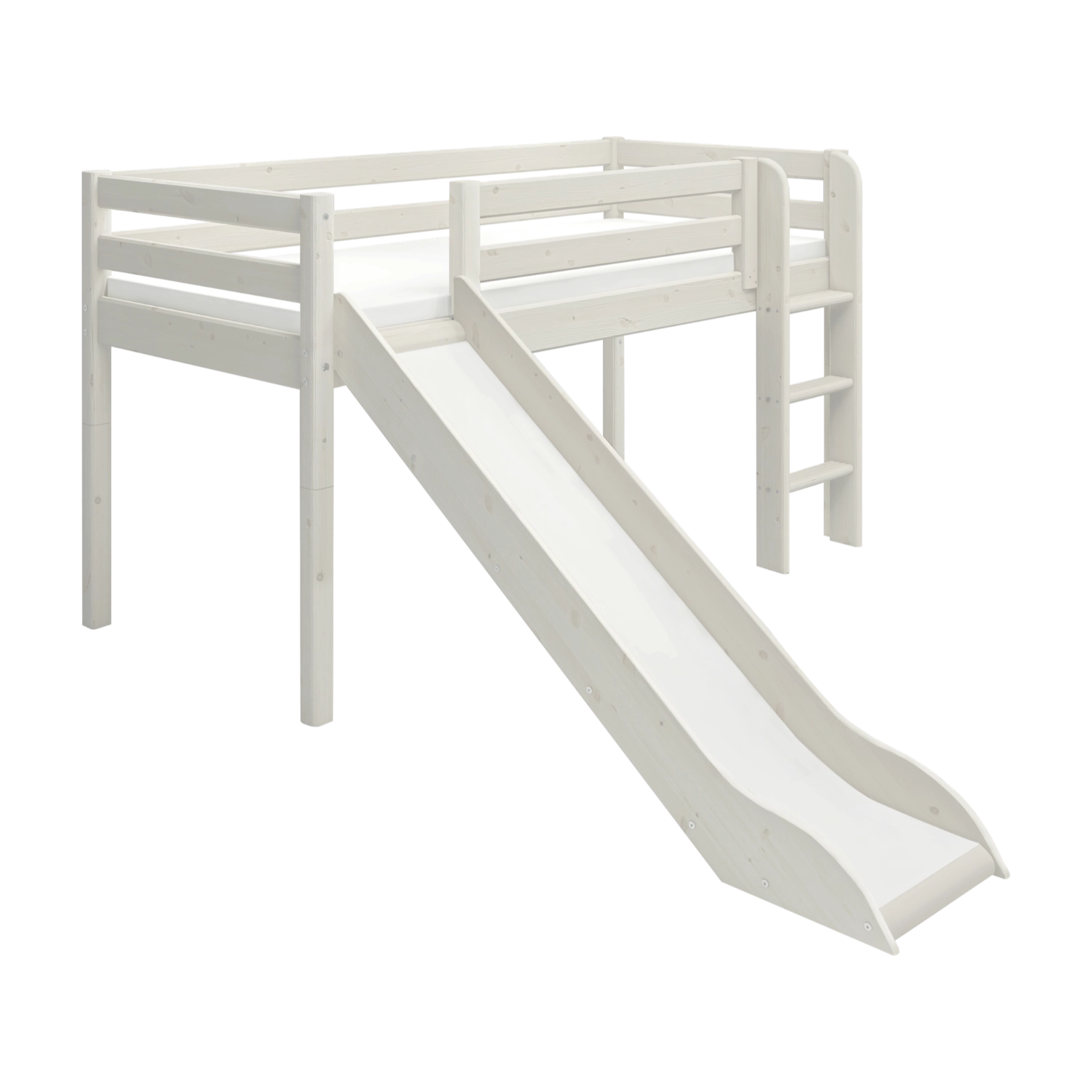FLEXA CLASSIC white high bed with slide and ladder, child-safe rails, shown in a children’s room.