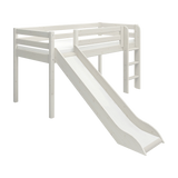 FLEXA CLASSIC white high bed with slide and ladder, child-safe rails, shown in a children’s room.