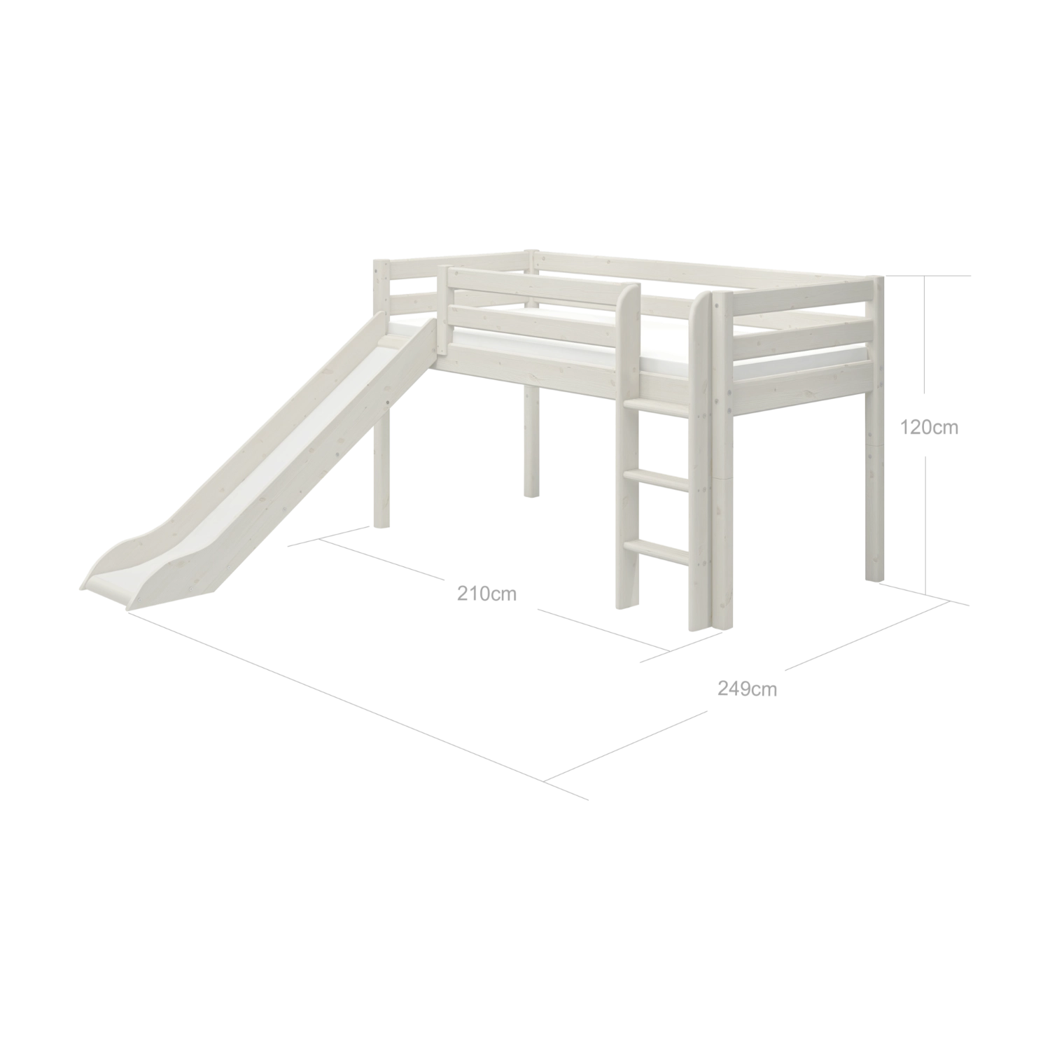 FLEXA WHITE mid-sleeper bed with slide and ladder, child-safe design, shown in a bright children’s room.