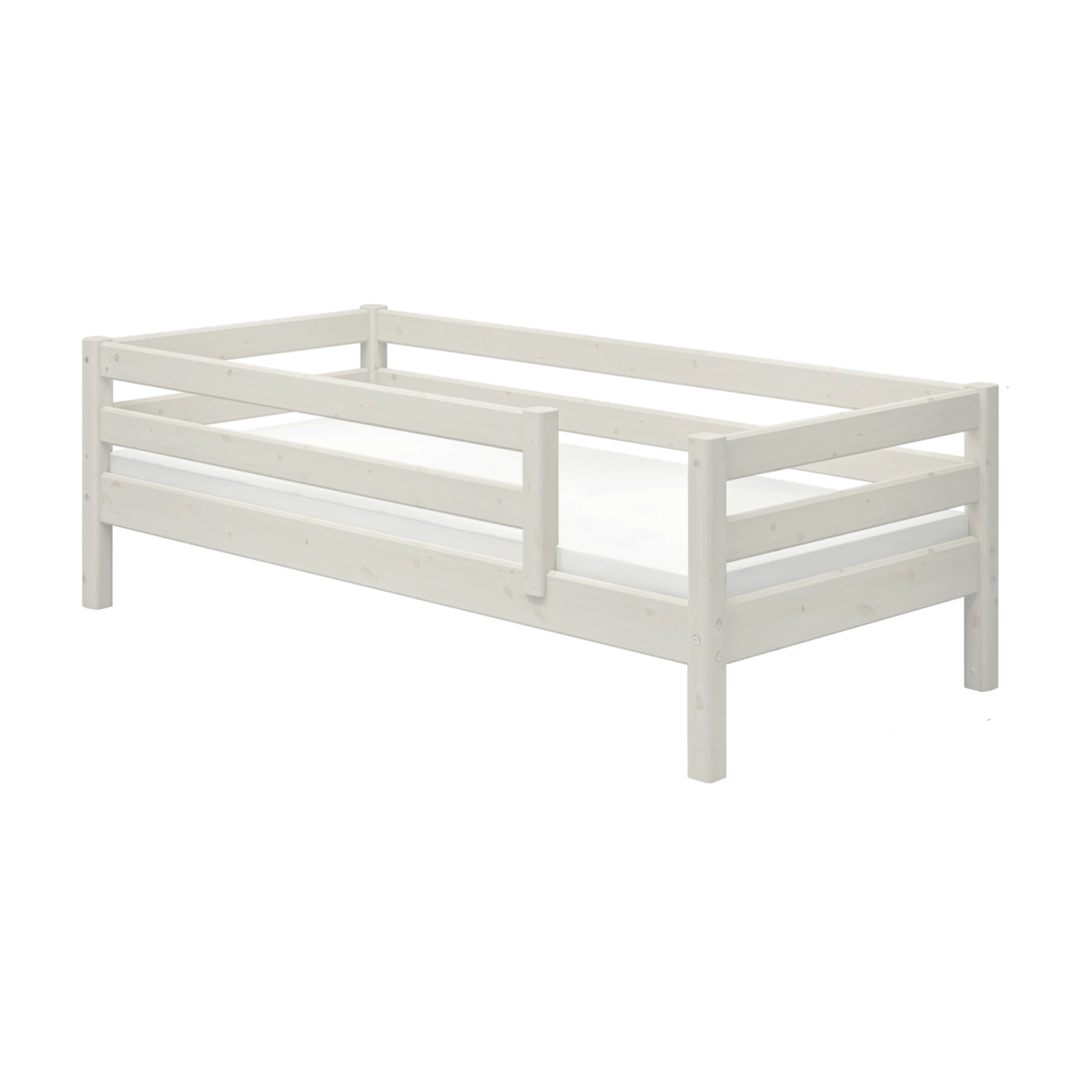 FLEXA single white bed with safety rail, Scandinavian style, wood finish, child-safe design on plain background.