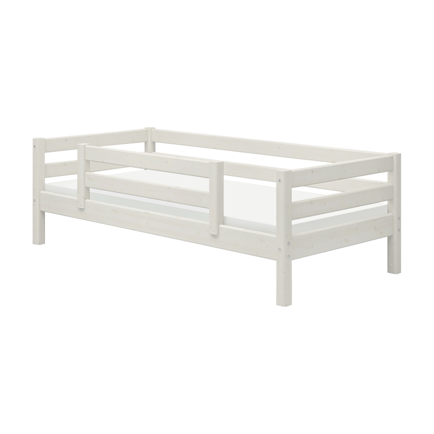 FLEXA single bed with safety rail, white finish, SCANDINAVIAN style, child-safe rails, shown against plain background.