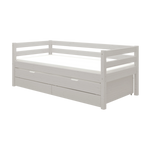 FLEXA grey wooden single bed from CLASSIC collection with pull-out guest bed, safety rail, visible in a child’s bedroom.
