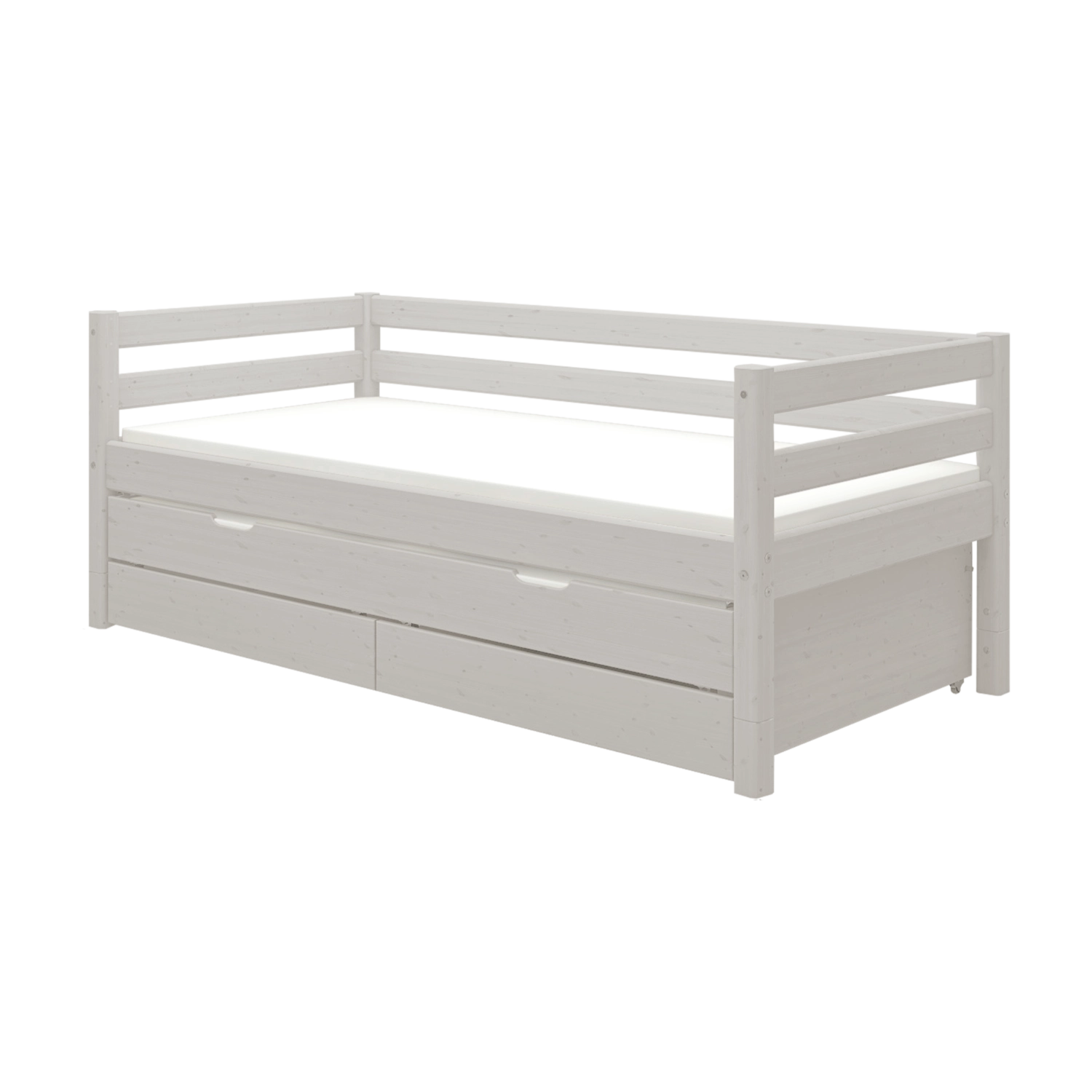 FLEXA grey wooden single bed from CLASSIC collection with pull-out guest bed, safety rail, visible in a child’s bedroom.