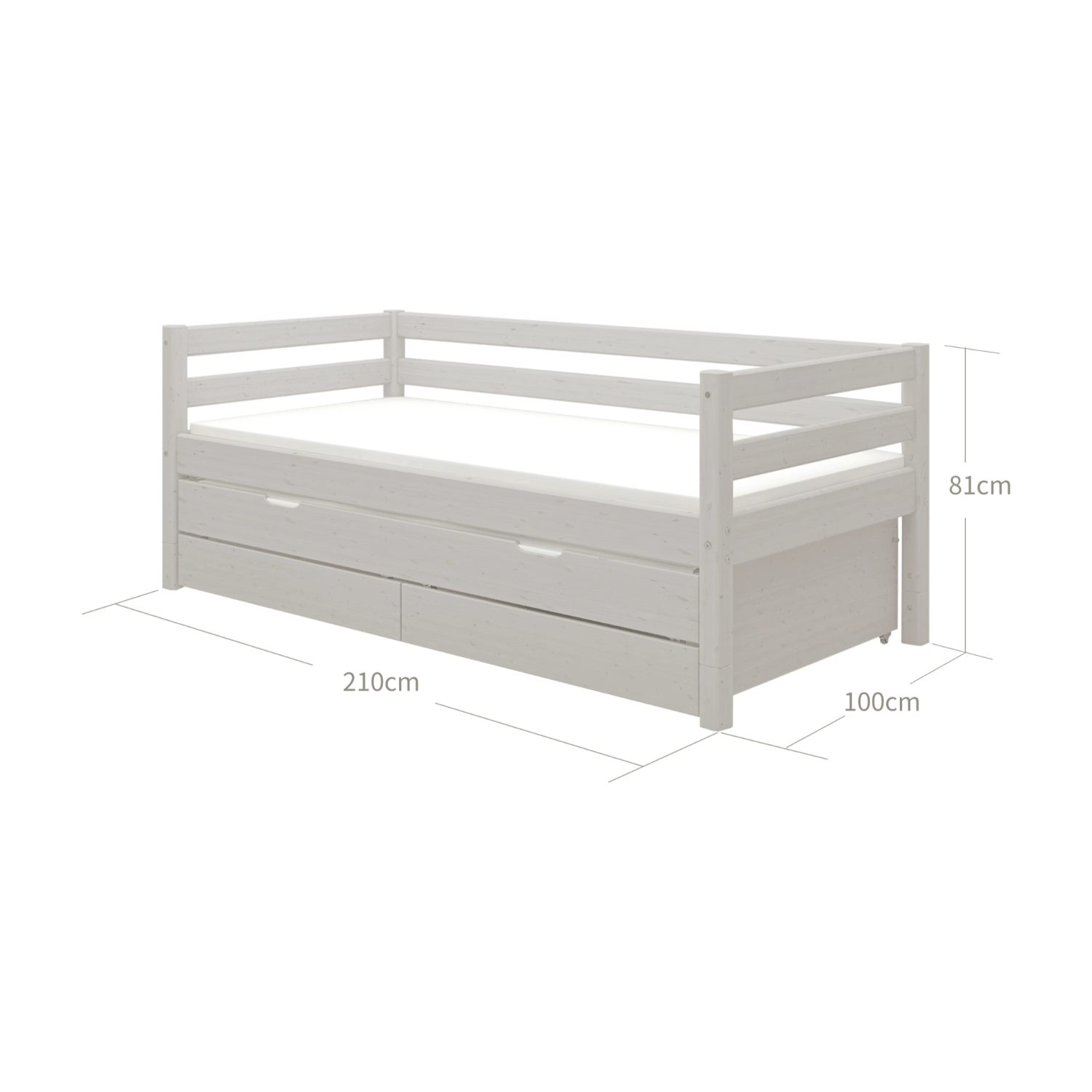 FLEXA single bed with pull-out guest bed, grey, visible storage and safety rail; shown in a child’s bedroom.