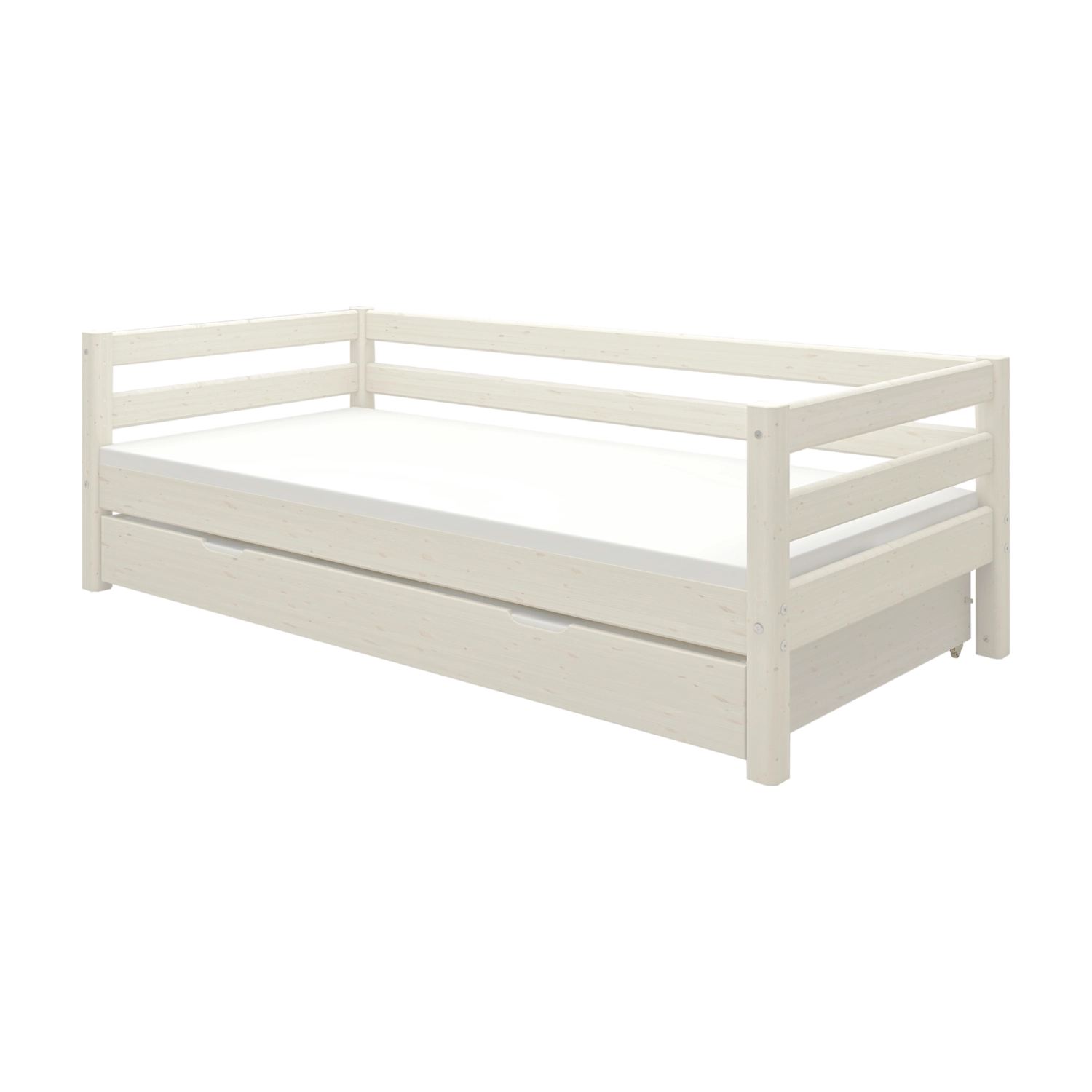 FLEXA bed from WHITE collection, single 90x200cm with visible pull-out bed, child-safe edges, for kids’ room.