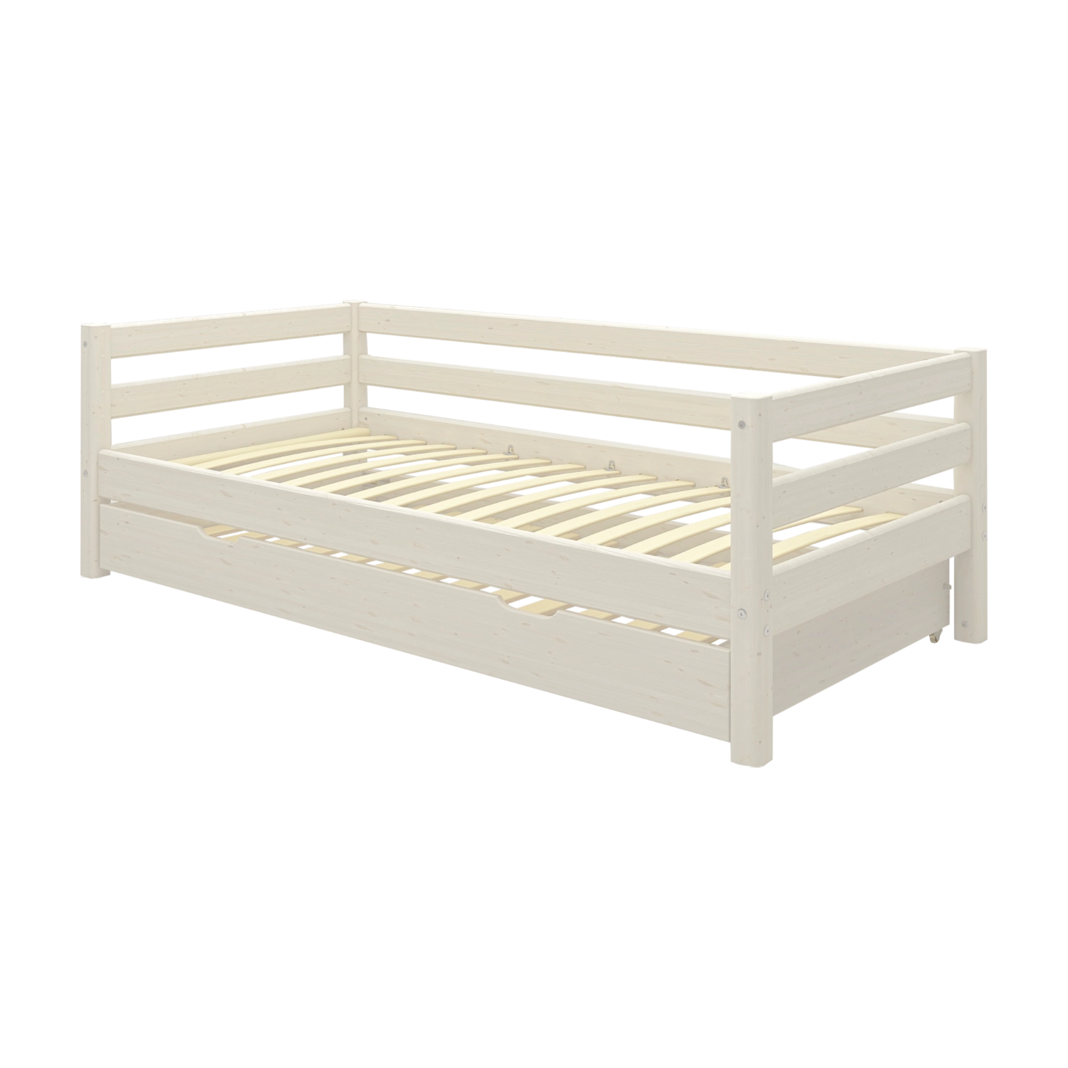 FLEXA single bed with pull-out, CLASSIC collection, white wood, side rails for safety, on white background.
