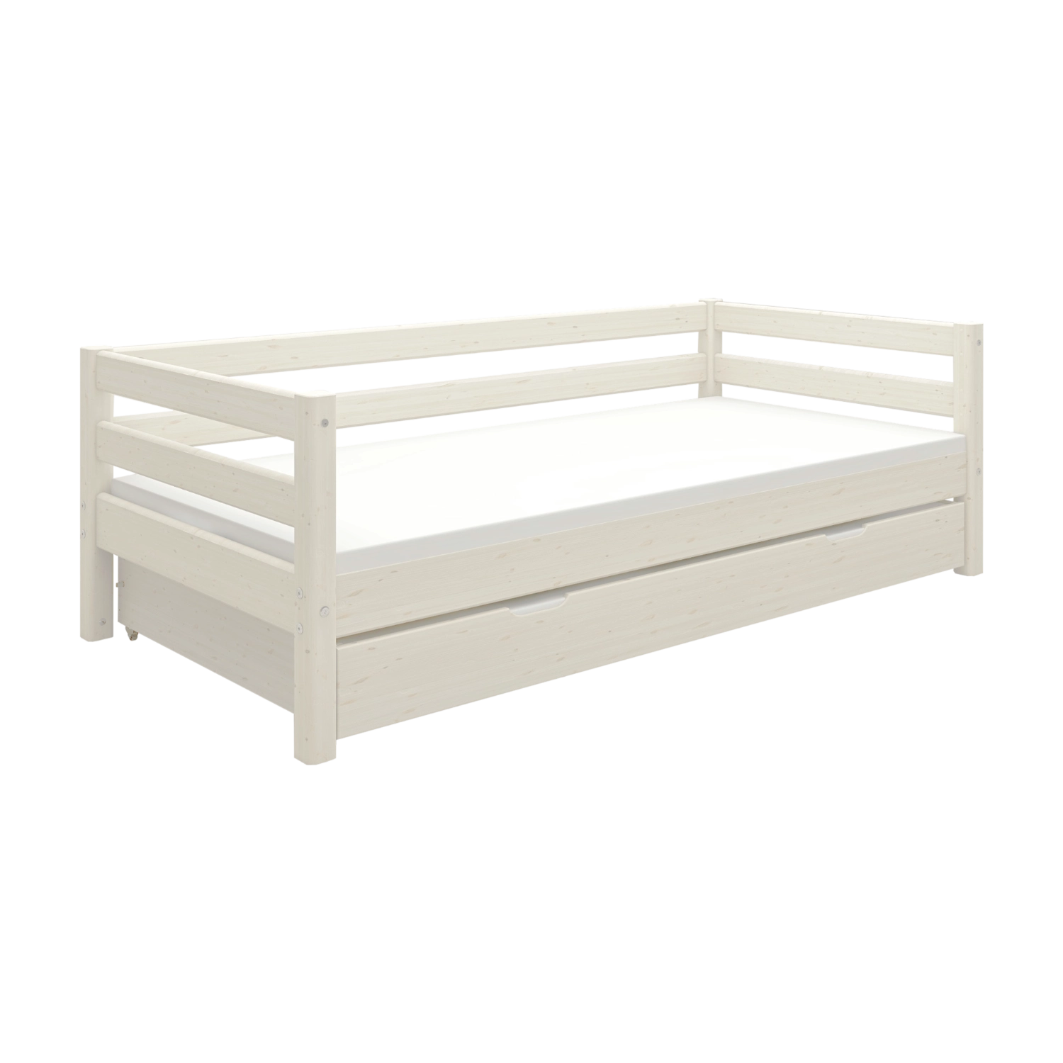 FLEXA single white bed with pull-out guest bed, wood, shown in a plain room setting. Child-safe rounded corners visible.