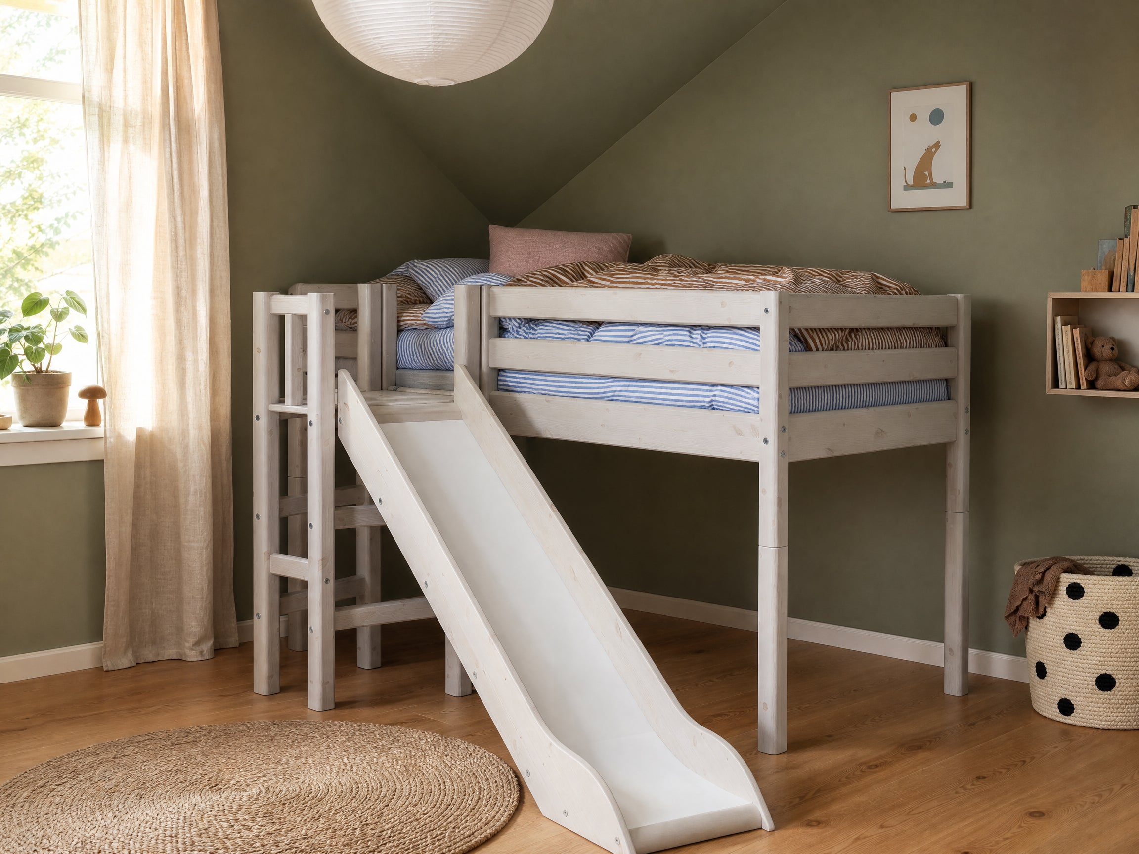 FLEXA WHITE high bed with slide and safety rail from CLASSIC in green kids’ room, wood floor, sunlit and child-safe.
