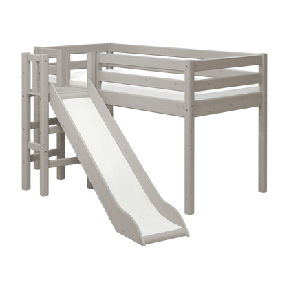 FLEXA-Hochbett für Kinder aus der CLASSIC-Serie in Grau, 90 x 200 cm, mit Rutsche, Leiter und Sicherheitsgitter; abgebildet in einem Kinderzimmer.