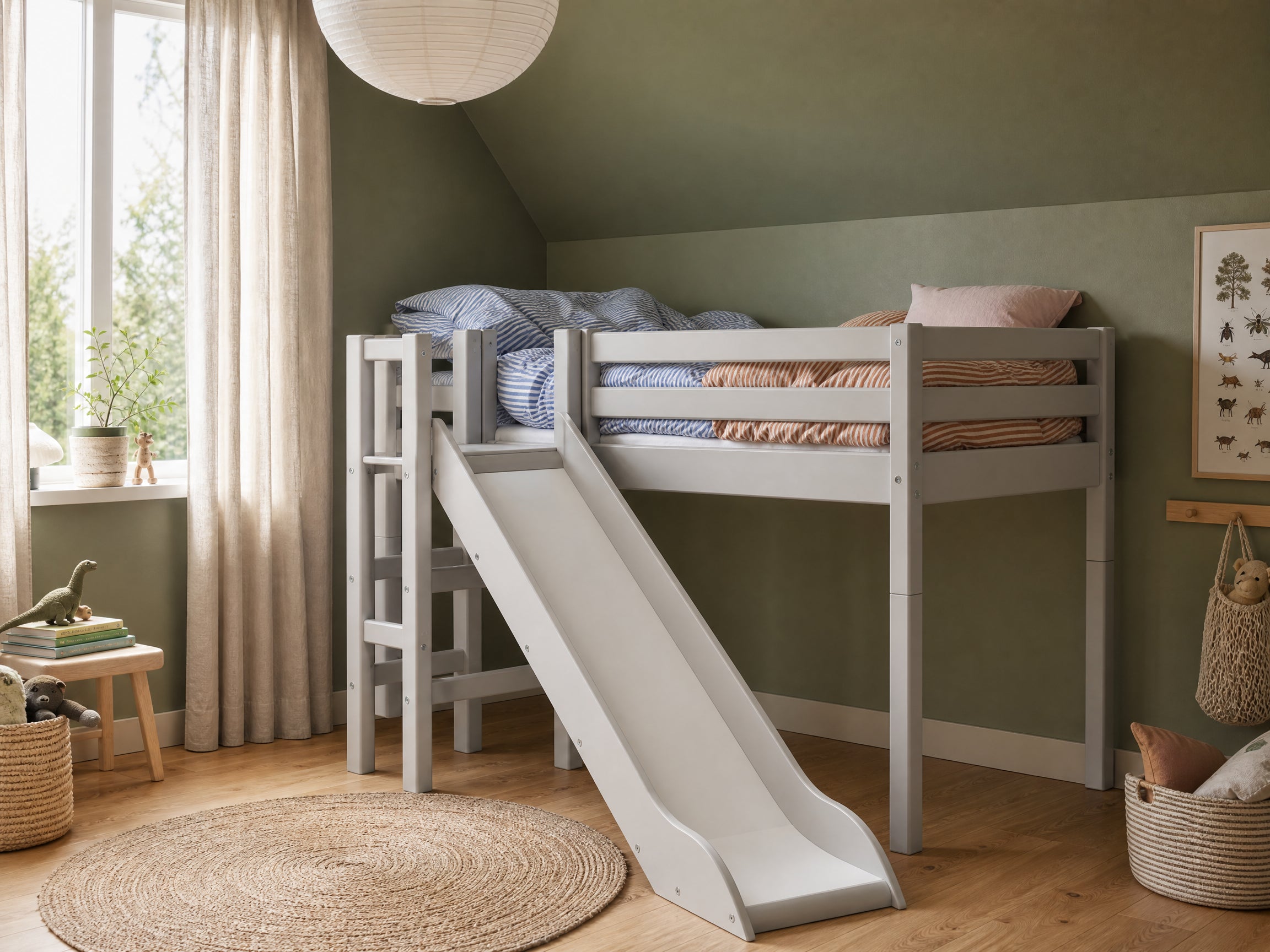 FLEXA High Bed from CLASSIC collection in grey with slide and safety rail in a green child’s bedroom.