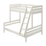 FLEXA FAMILY white bunk bed, ladder, safety rail, child-safe design, fits 90/140x200 cm mattresses in a child’s bedroom.