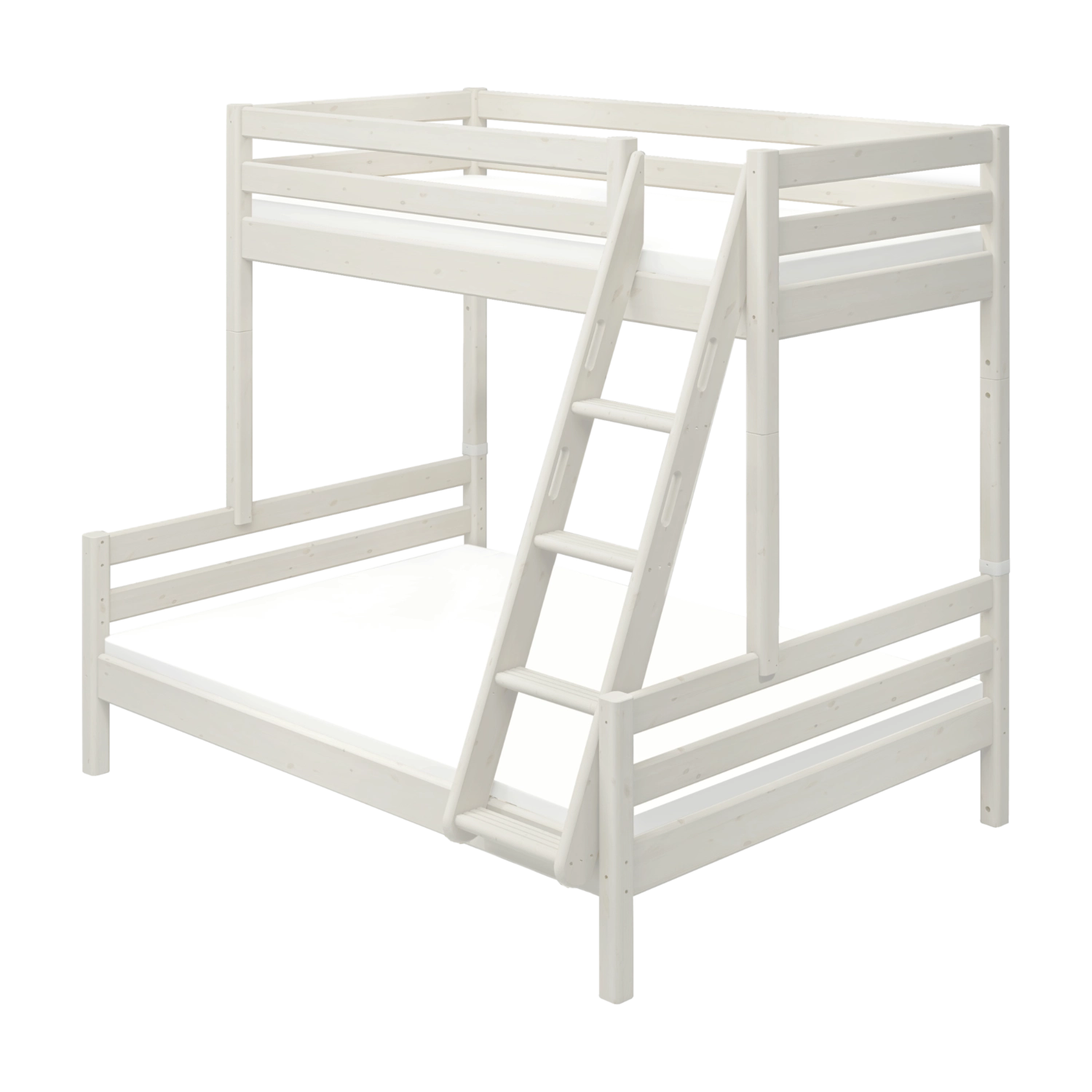 FLEXA FAMILY white bunk bed, ladder, safety rail, child-safe design, fits 90/140x200 cm mattresses in a child’s bedroom.