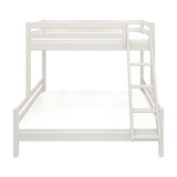 FLEXA FAMILY white bunk bed with ladder and safety rail, wooden frame, shown in a children’s bedroom.