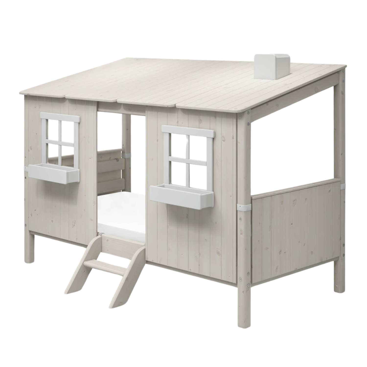 FLEXA WHITE house frame for single and midsleeper beds with two windows, ladder, and sloped roof, shown in a child’s bedroom.