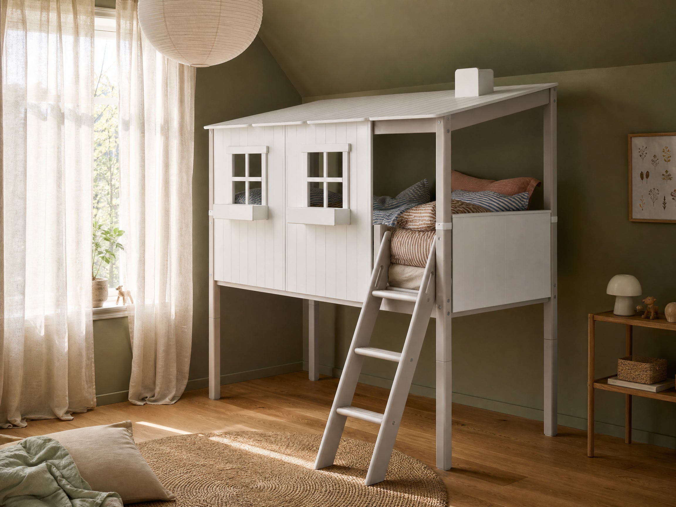 FLEXA MID-HIGH bed with house frame and ladder in white/grey, child-safe design, in a green room with wooden flooring.
