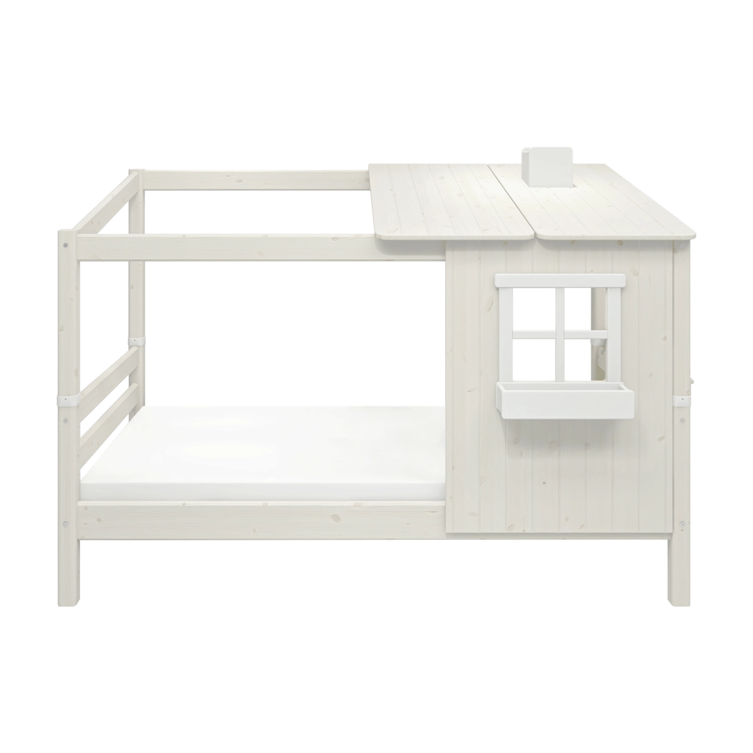 FLEXA playhouse-style single bed from WHITE collection, white wood with ladder, child-safe, shown in a kid’s room.