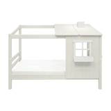 FLEXA playhouse-style single bed from WHITE collection, white wood with ladder, child-safe, shown in a kid’s room.