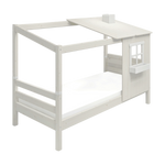 FLEXA Classic white single bed with ladder, half-house frame and window, child-safe; shown in a kids’ bedroom.