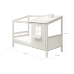 FLEXA kids’ single bed from WHITE collection with half house frame, ladder, window detail and roof in a child’s bedroom.
