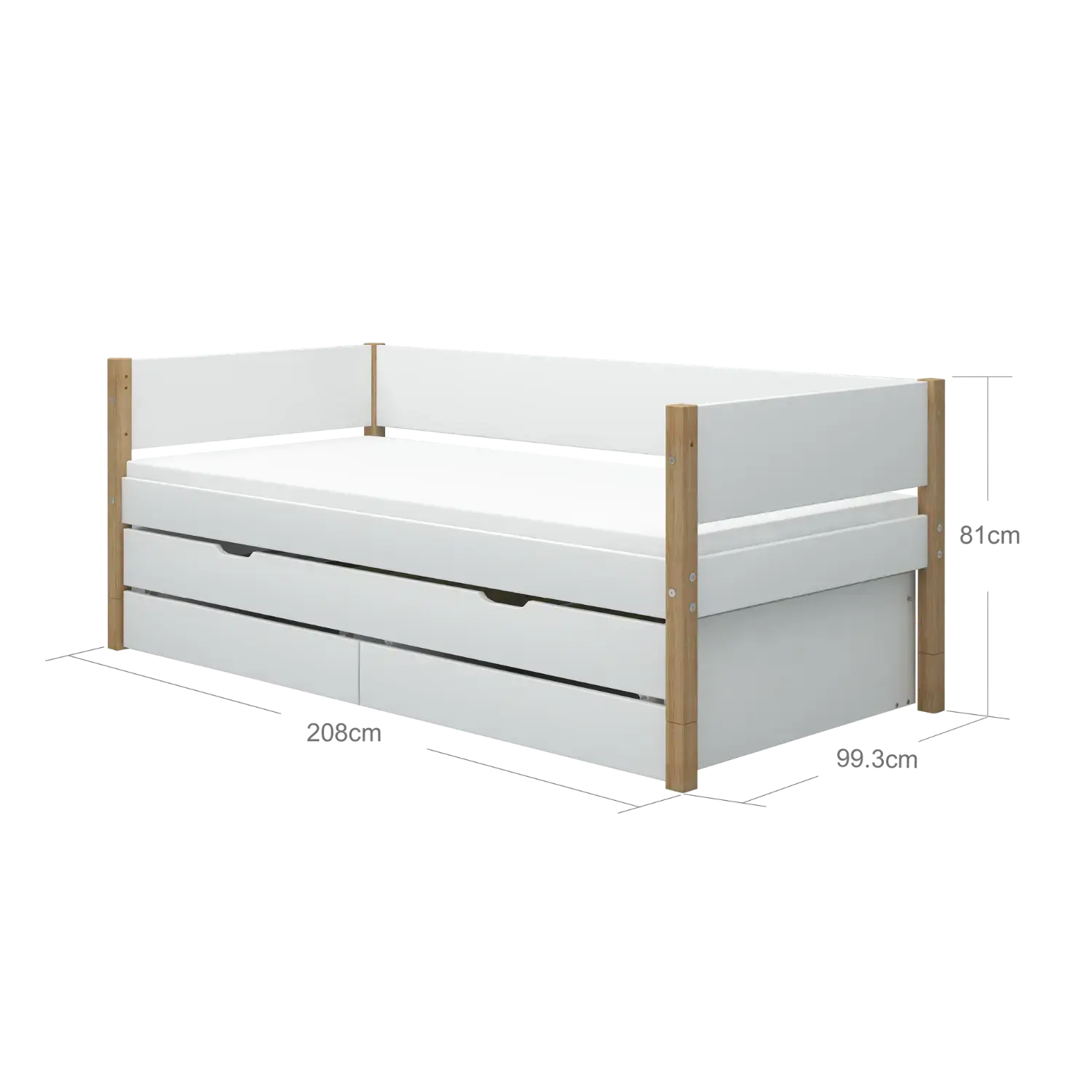 Single Bed with Storage and Pull-out Bed, 90x200 cm, White/Oak SINGLE_BED daybed-with-guest-bed-and-2-drawers-white-oak-1  flexa-com.myshopify.com