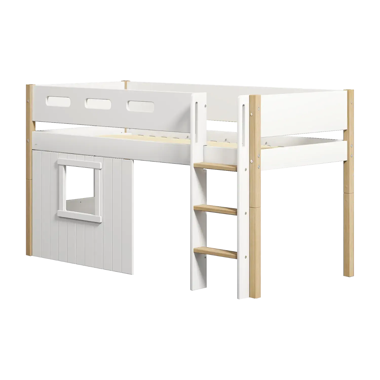 High Bed 120 cm with Treehouse, Ladder and Safety Rail, 90x200 cm, White/Oak MID_HIGH-BED mid-high-bed-str-ladder-treehouse-bed-fronts-white-frame-white-oak  flexa-com.myshopify.com