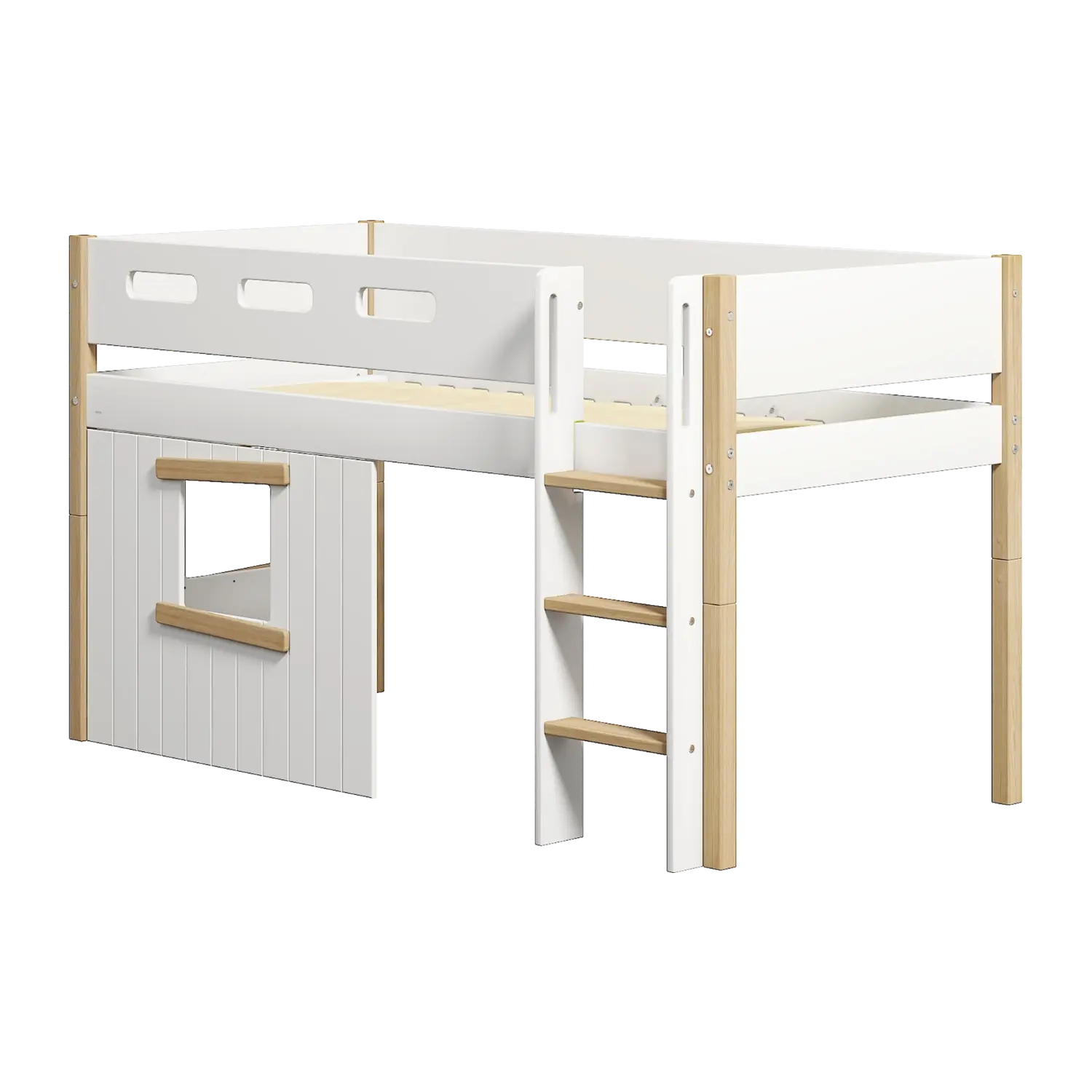 High Bed 120 cm with Treehouse, Ladder and Safety Rail, 90x200 cm, White/Oak MID_HIGH-BED mid-high-bed-str-ladder-treehouse-bed-fronts-oak-frame-white-oak  flexa-com.myshopify.com