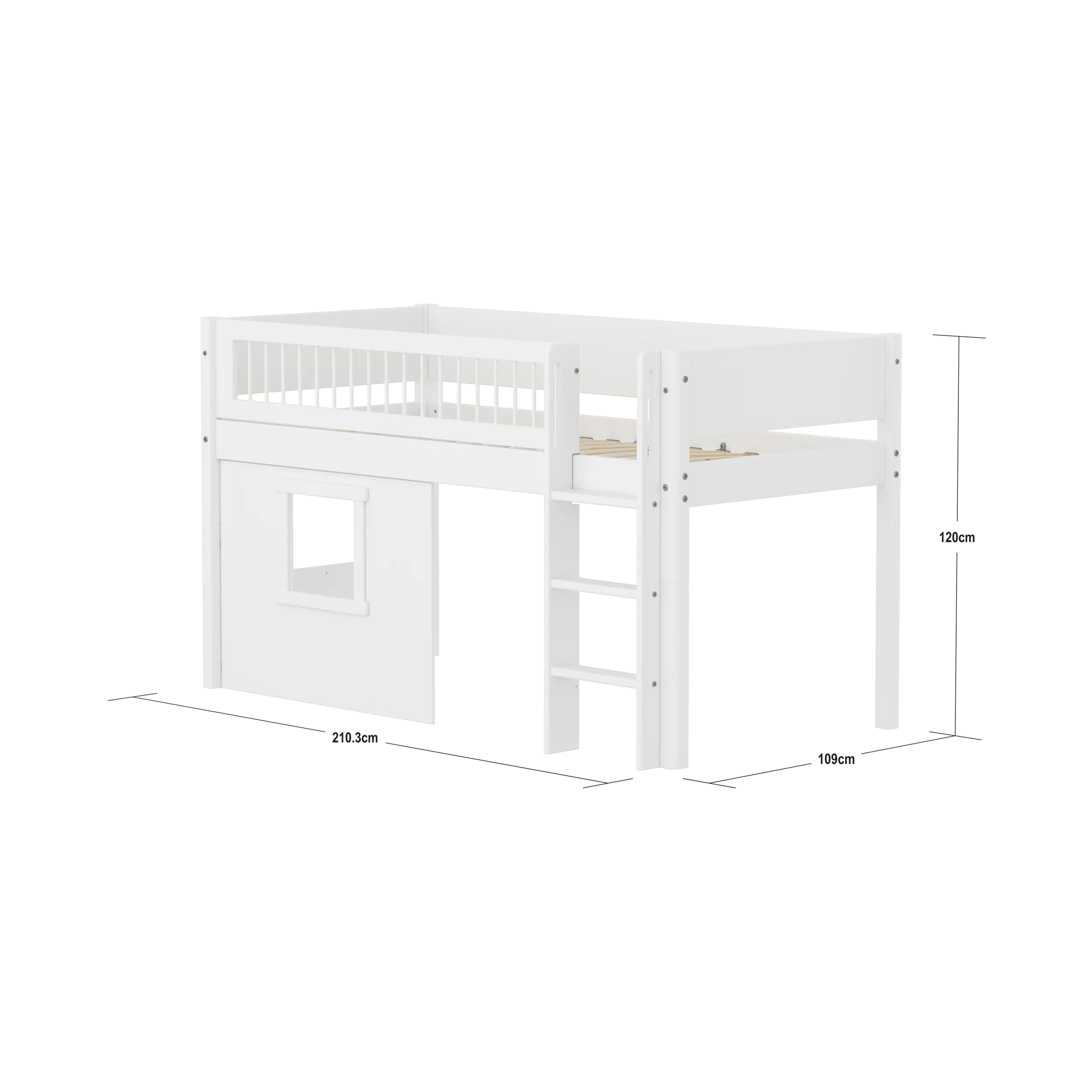 High Bed 120 cm with Treehouse, 90x200 cm, White MID_HIGH-BED mid-sleeper-white-crossbar-str-ladder-tree-hut-wht-window  flexa-com.myshopify.com