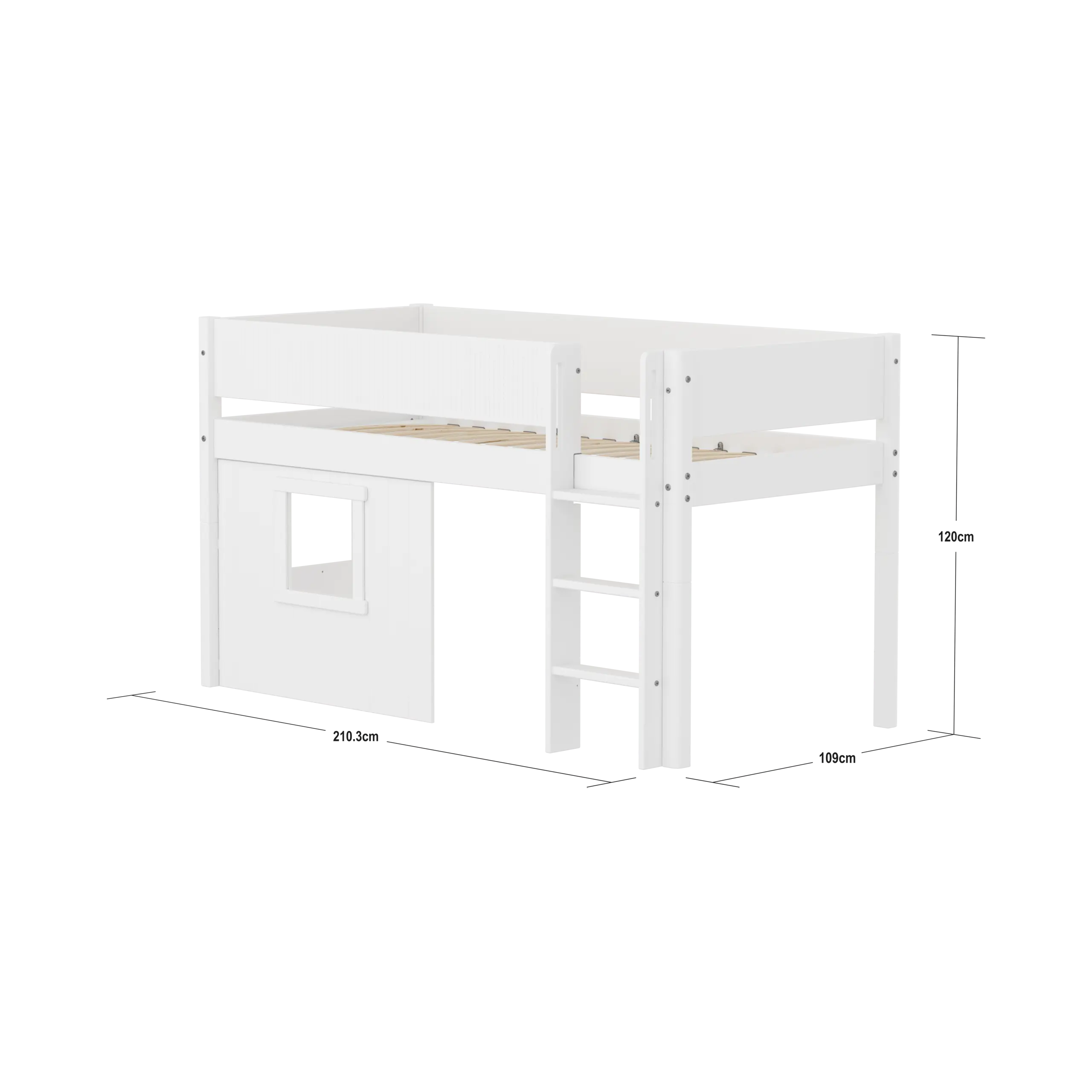 High Bed 120 cm with Treehouse, 90x200 cm, White MID_HIGH-BED mid-sleeper-white-grooves-str-ladder-tree-hut-wht-window  flexa-com.myshopify.com