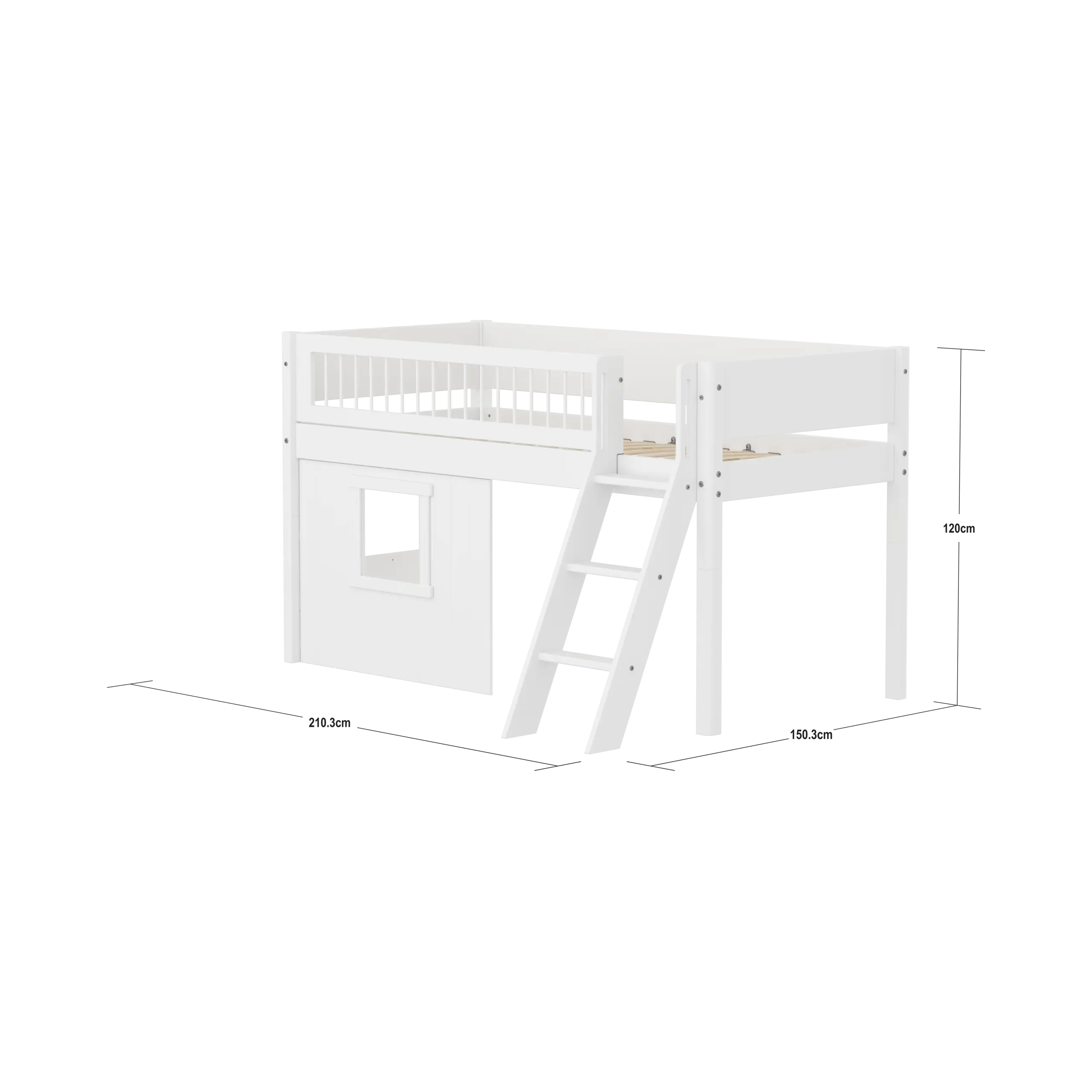 High Bed 120 cm with Treehouse, Ladder and Safety Rail, 90x200, White MID_HIGH-BED mid-sleeper-white-crossbars-sl-ladder-tree-hut-wht-window  flexa-com.myshopify.com