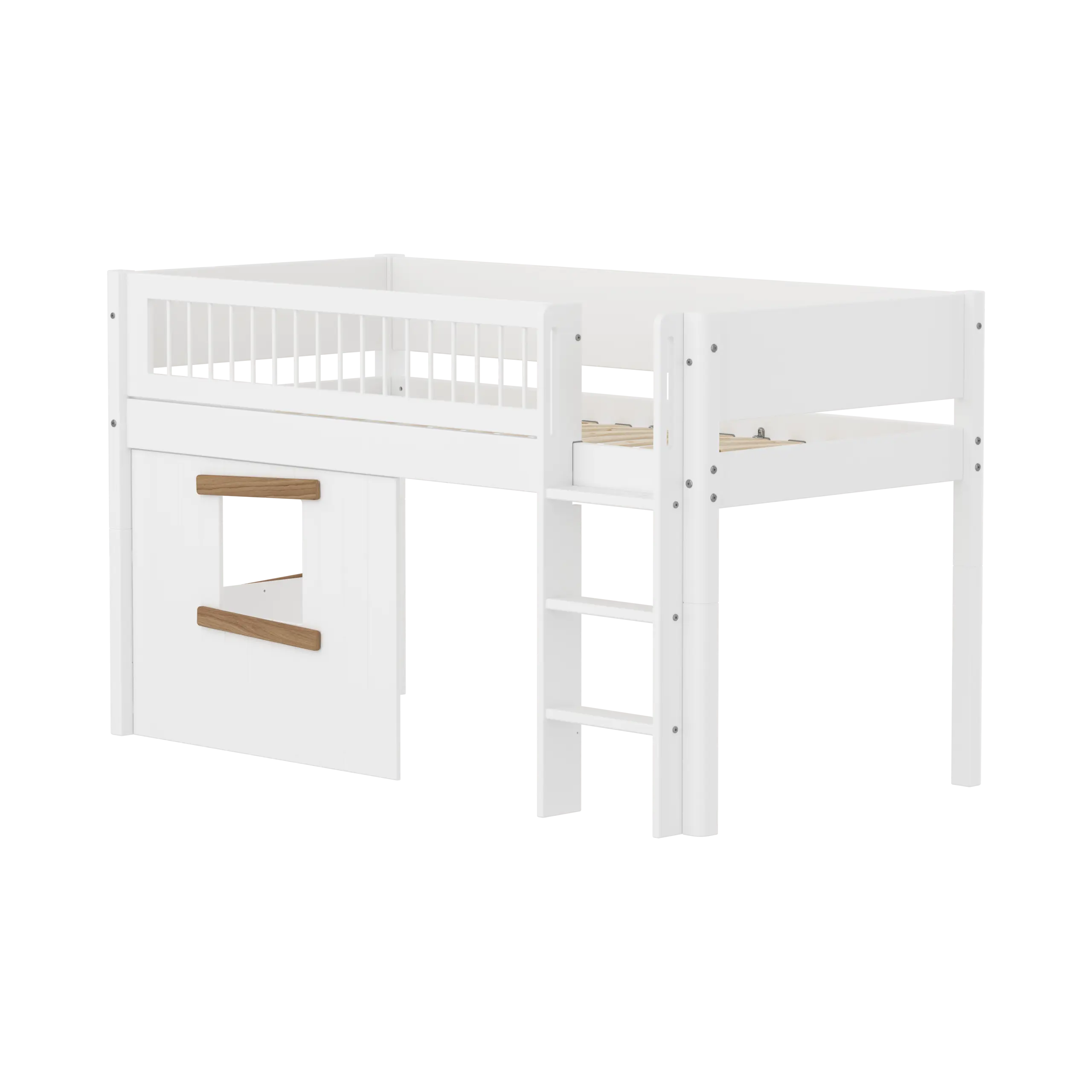 High Bed 120 cm with Treehouse, Ladder and Safety Rail, 90x200 cm, White MID_HIGH-BED mid-sleeper-white-crossbar-str-ladder-tree-hut-oak-window  flexa-com.myshopify.com