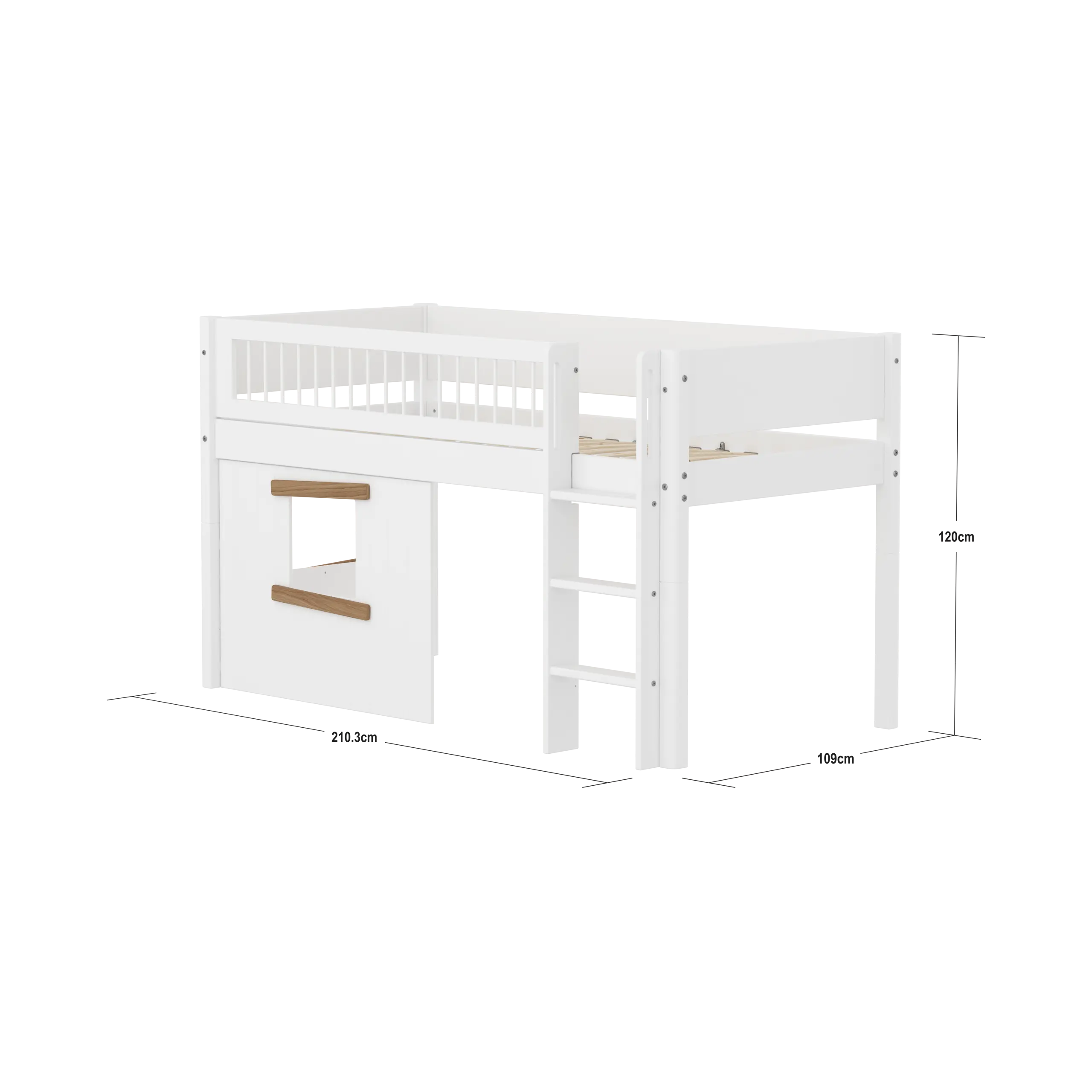 High Bed 120 cm with Treehouse, Ladder and Safety Rail, 90x200 cm, White MID_HIGH-BED mid-sleeper-white-crossbar-str-ladder-tree-hut-oak-window  flexa-com.myshopify.com