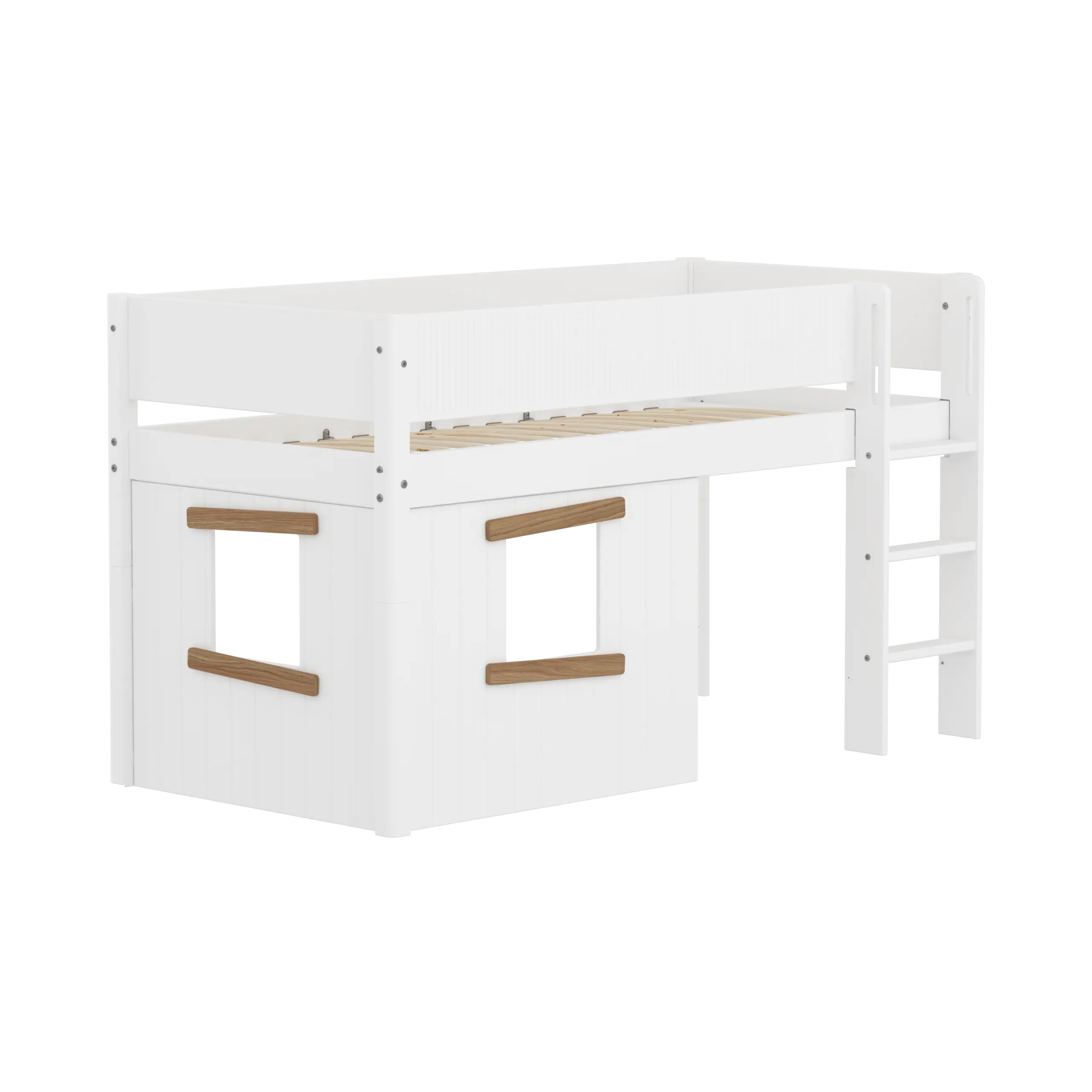 High Bed 120 cm with Treehouse, 90x200 cm, White/Oak MID_HIGH-BED mid-sleeper-white-grooves-str-ladder-tree-hut-oak-window  flexa-com.myshopify.com