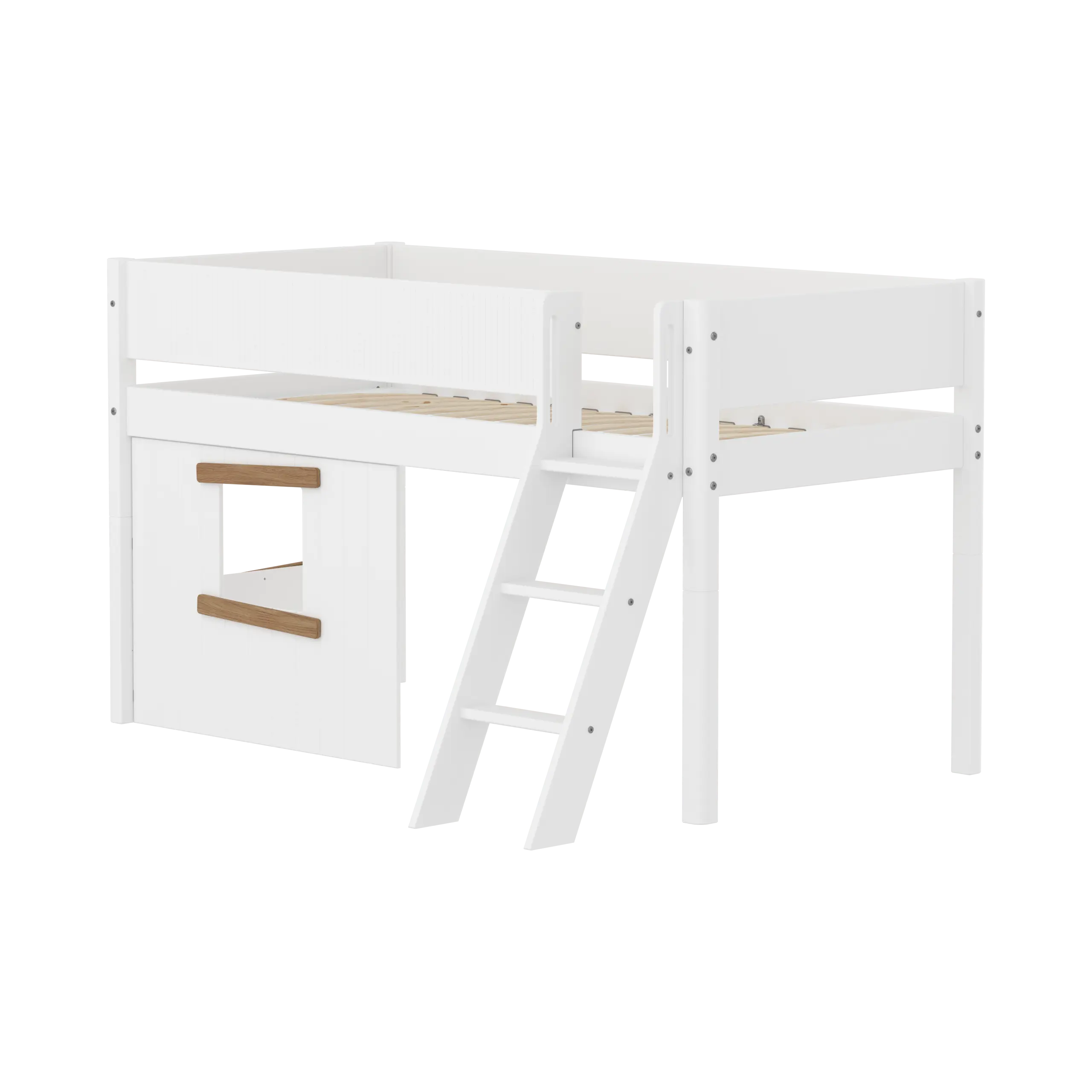 High Bed 120 cm with Treehouse, Ladder and Safety Rail, 90x200, White/Oak MID_HIGH-BED mid-sleeper-white-grooves-sl-ladder-tree-hut-oak-window  flexa-com.myshopify.com