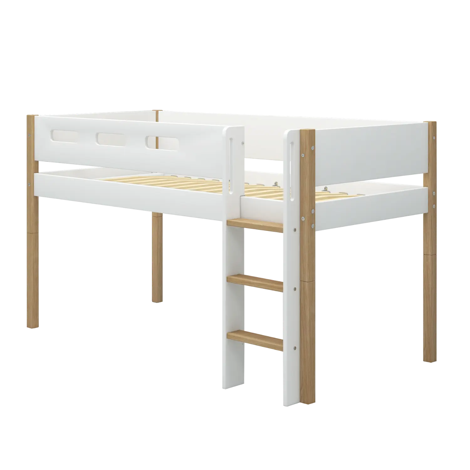 High Bed 120 cm with Ladder and Safety Rail, 90x200 cm, White/Oak MID_HIGH-BED 200 flexa-com.myshopify.com