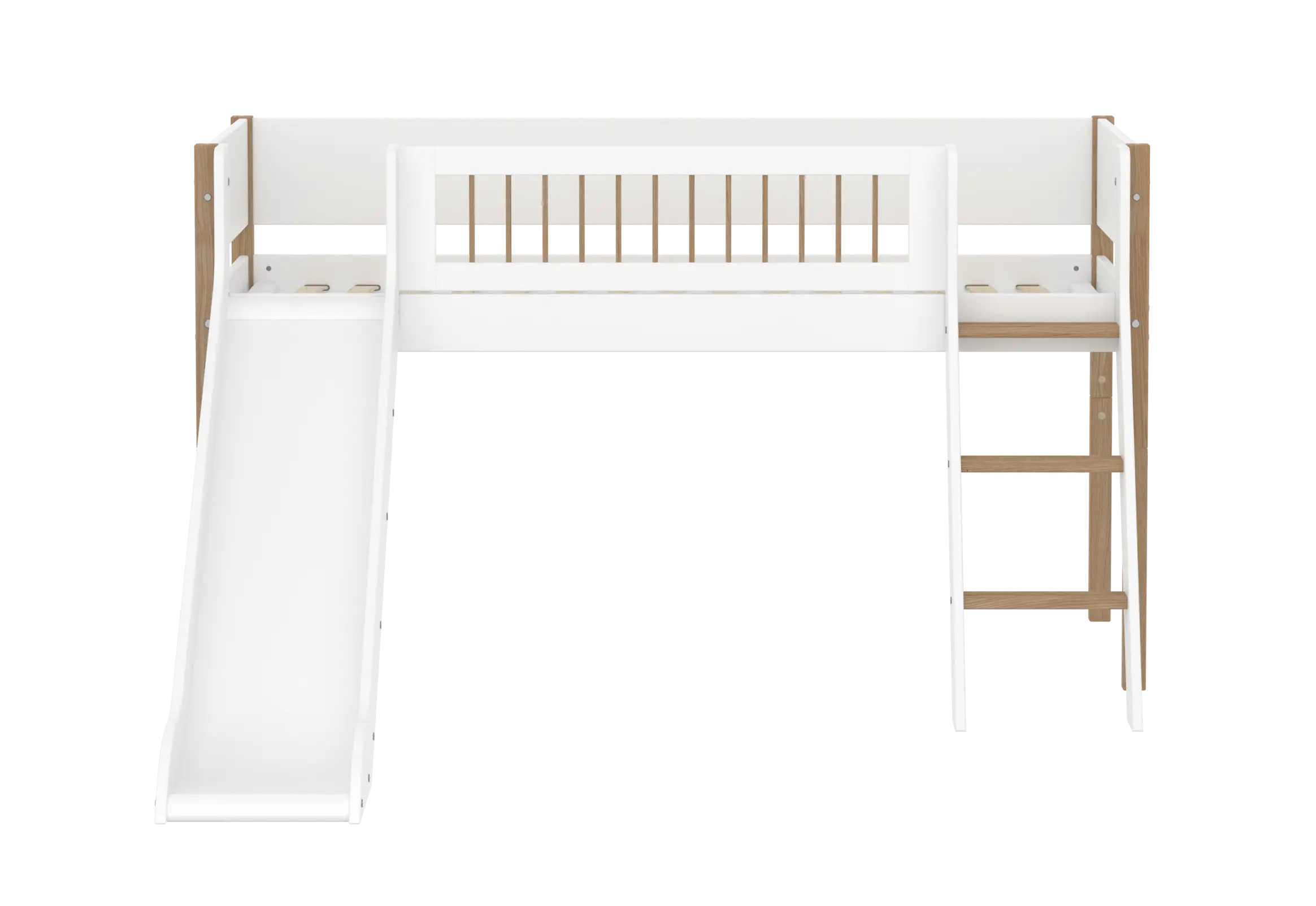 High Bed 120 cm with Slide, Ladder and Safety Rail, 90x200 cm, White/Oak MID_HIGH-BED 90X200 flexa-com.myshopify.com