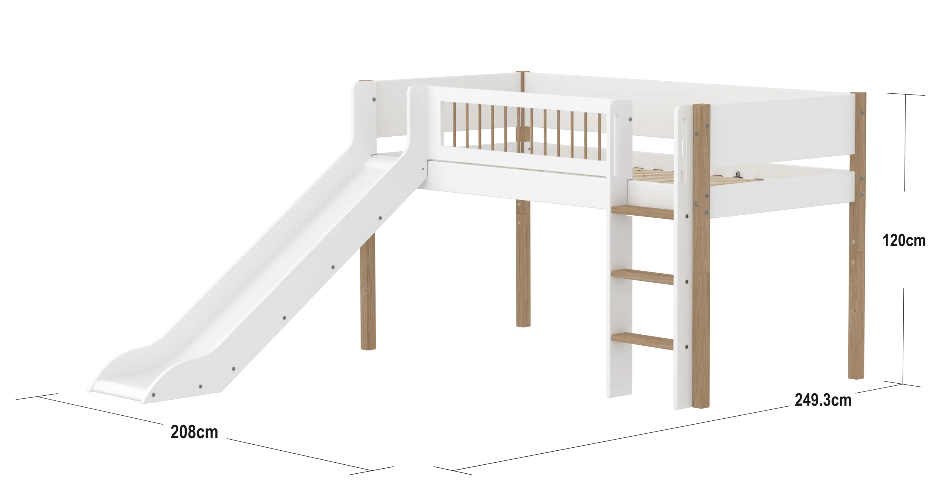 High Bed 120 cm with Slide, Ladder and Safety Rail, 90x200 cm, White/Oak MID_HIGH-BED 90X200 flexa-com.myshopify.com