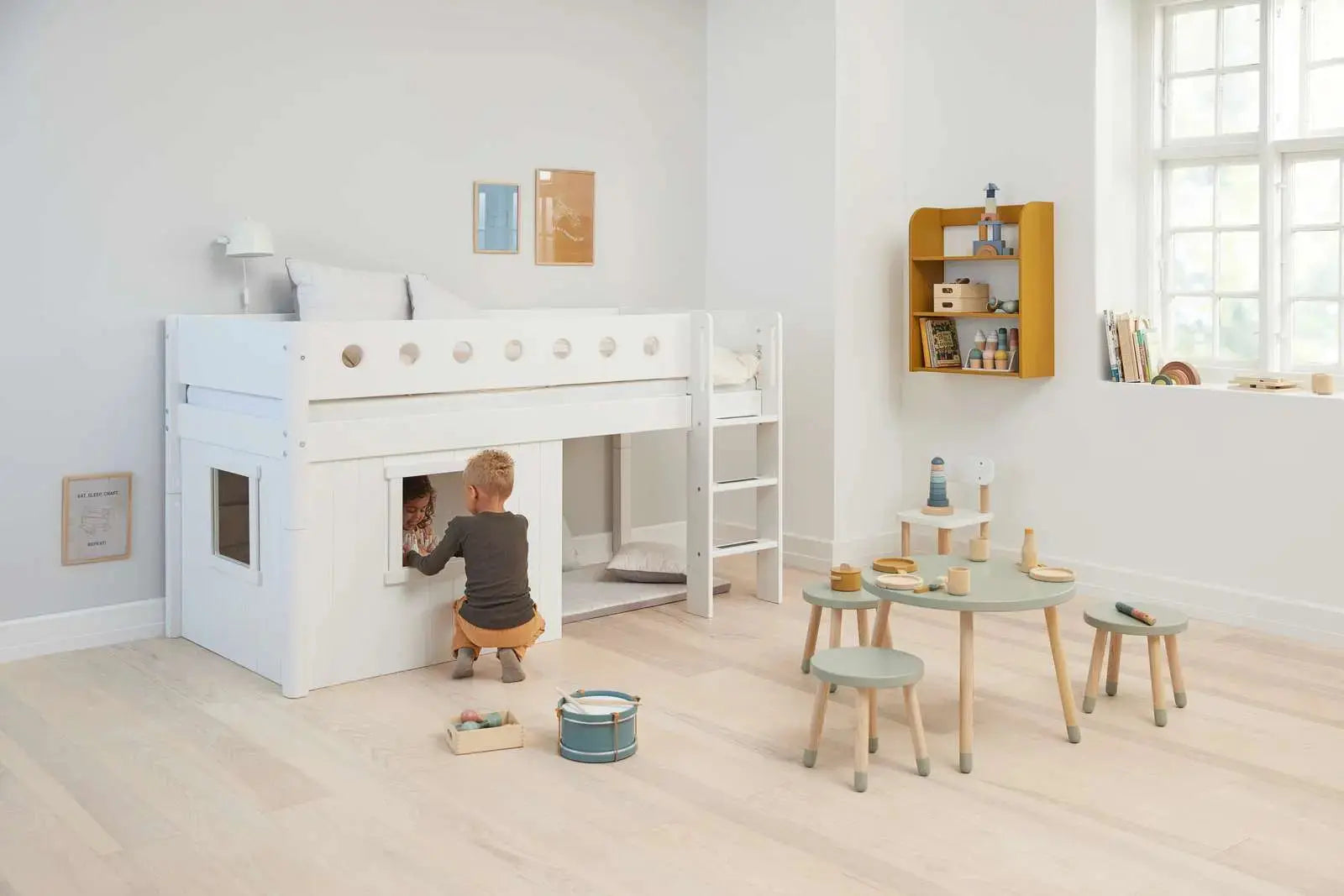High Bed 120 cm with Treehouse, Ladder and Safety Rail, 90x200 cm, White MID_HIGH-BED 200 flexa-com.myshopify.com