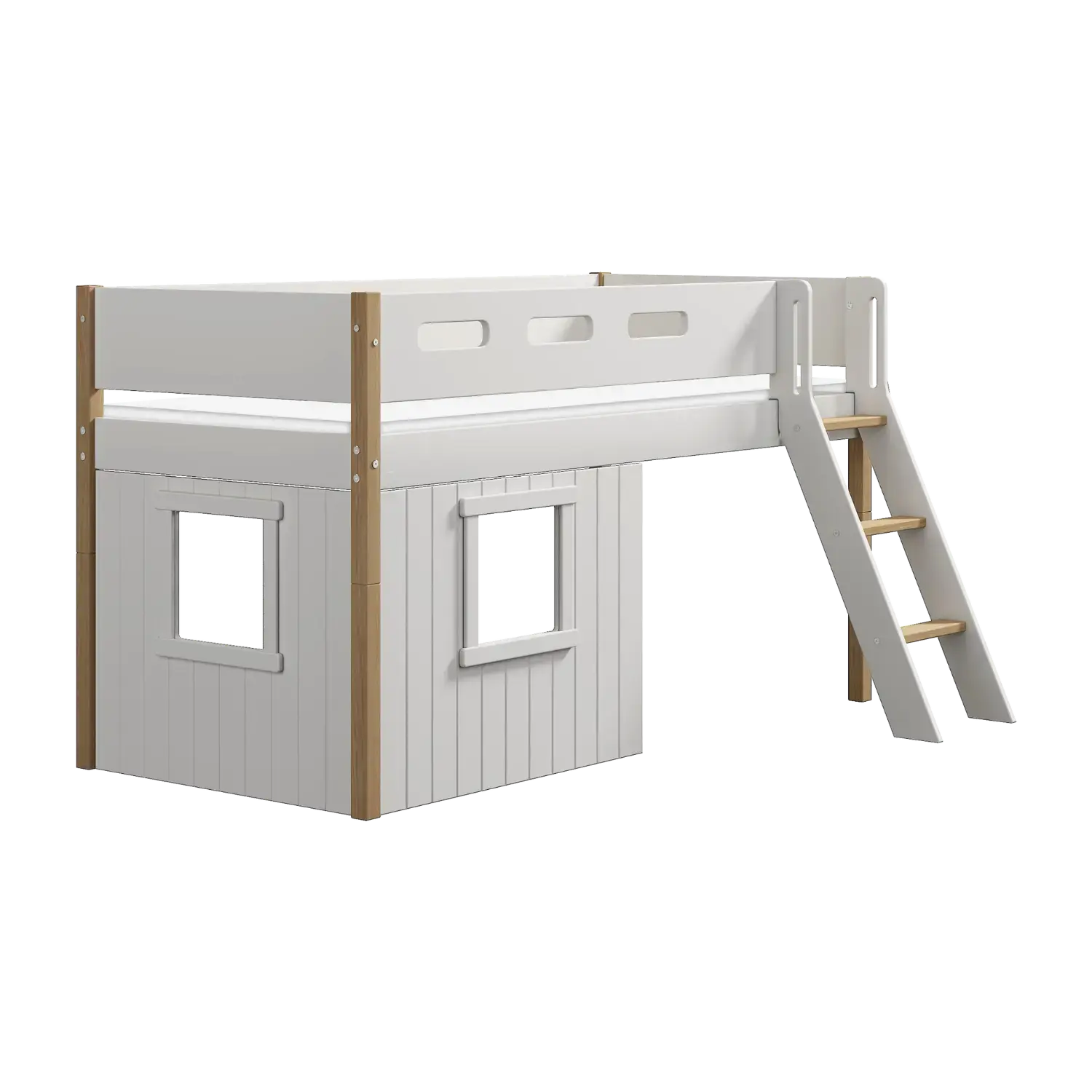 High Bed 120 cm with Treehouse, Ladder and Safety Rail, 90x200 cm, White/Oak MID_HIGH-BED 200 flexa-com.myshopify.com