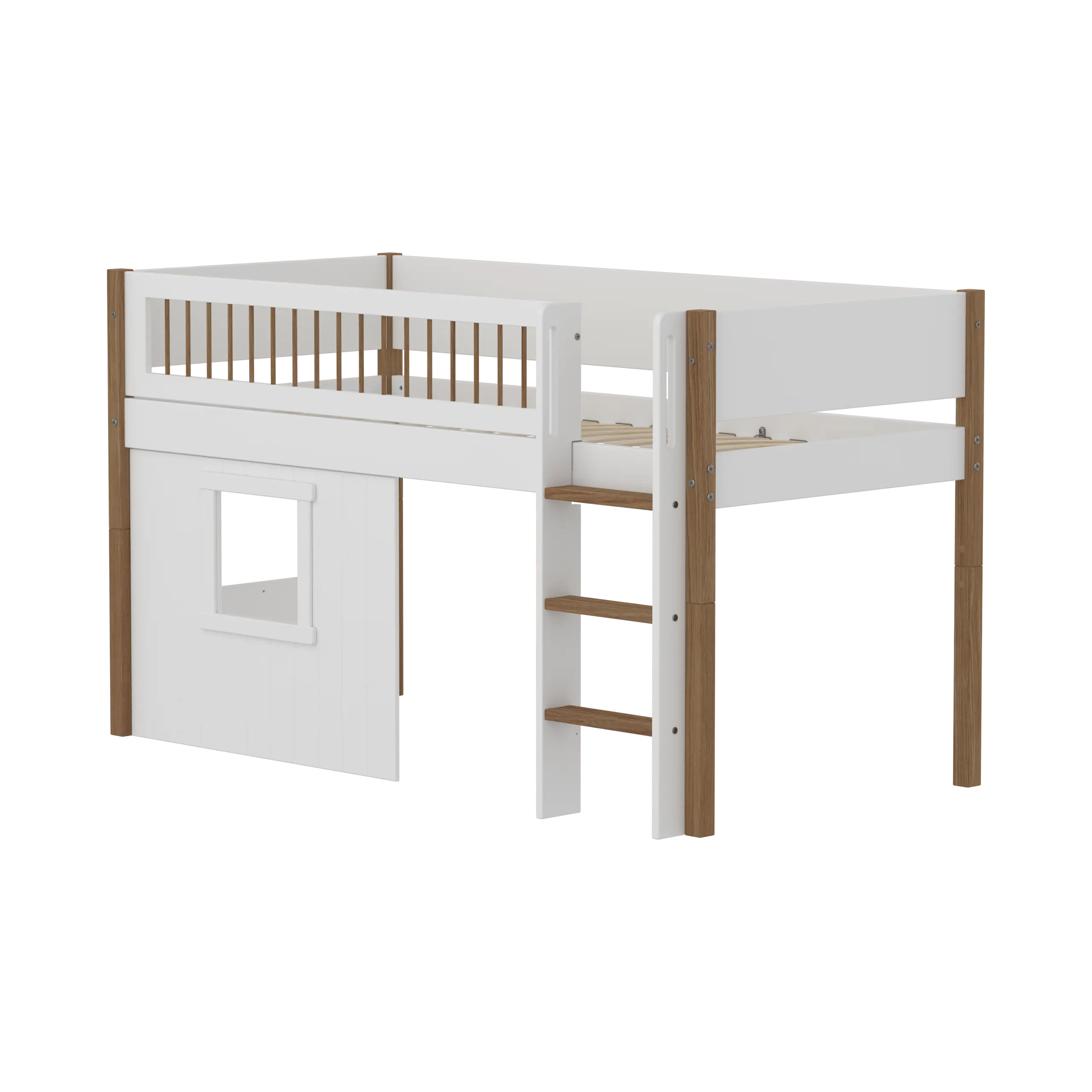 High Bed 120 cm with Treehouse, Ladder and Safety Rail, 90x200 cm, White/Oak MID_HIGH-BED 90X200 flexa-com.myshopify.com