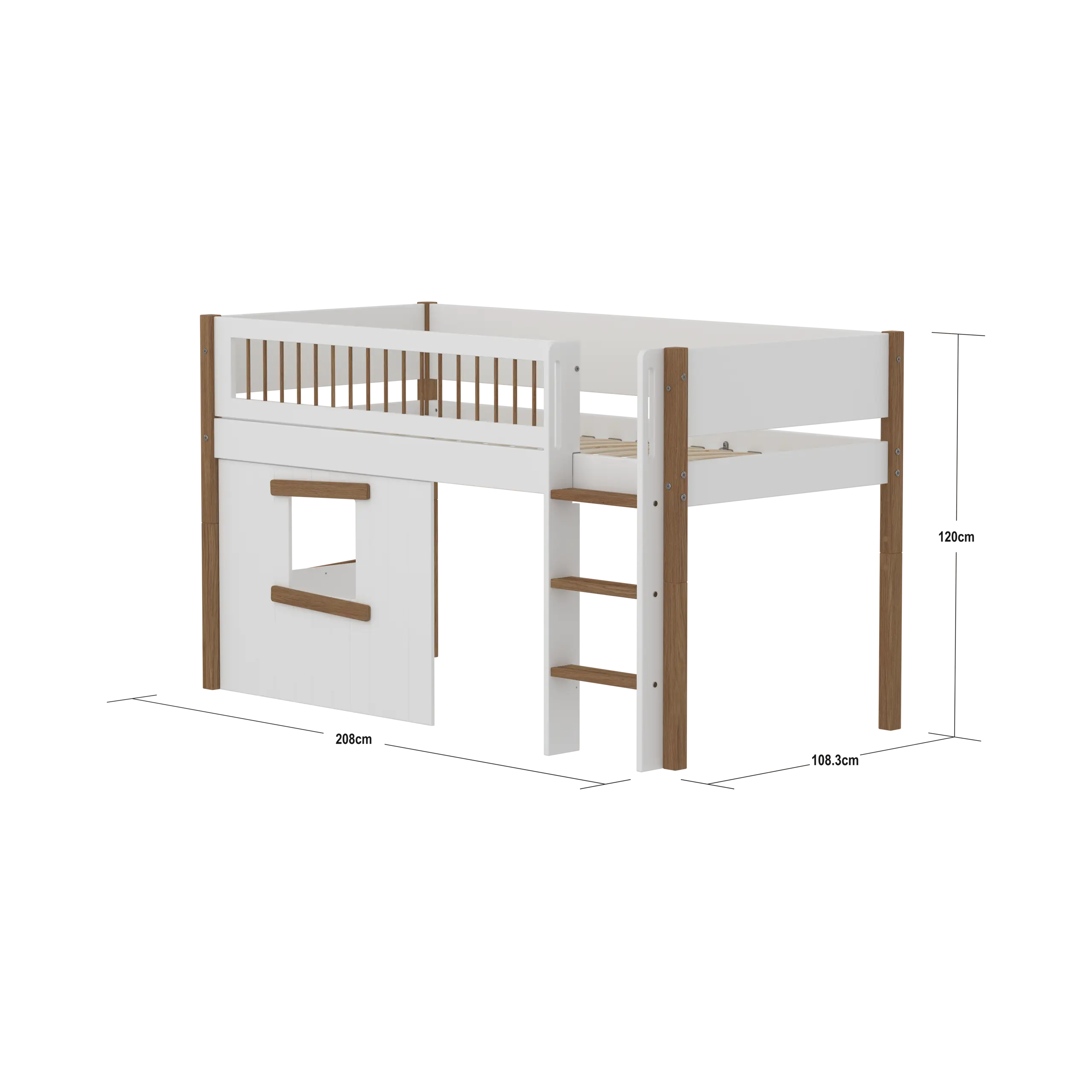 High Bed 120 cm with Treehouse, Ladder and Safety Rail, 90x200 cm, White/Oak MID_HIGH-BED 90X200 flexa-com.myshopify.com