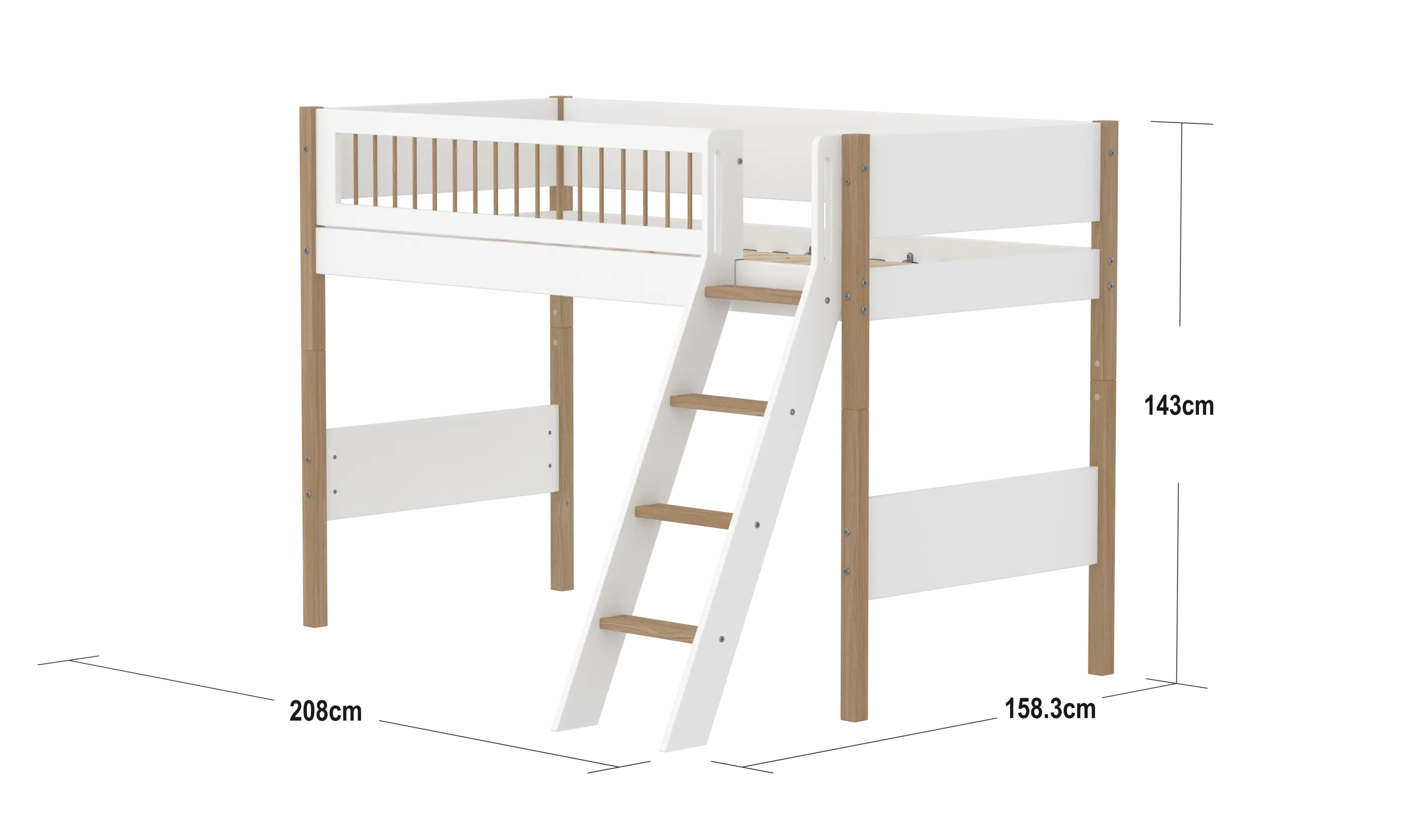 High Bed 143 cm with Ladder and Safety Rail, 90x200 cm, White/Oak SEMI_HIGH-BED 90X200 flexa-com.myshopify.com