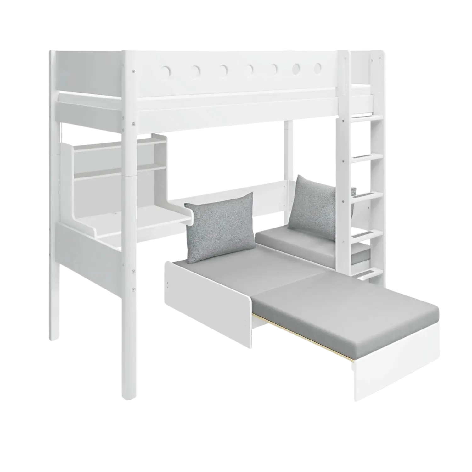 High Bed 184 cm with Desk, Sofa, Ladder and Safety Rail, 90x200 cm, White HIGHBED 200 flexa-com.myshopify.com