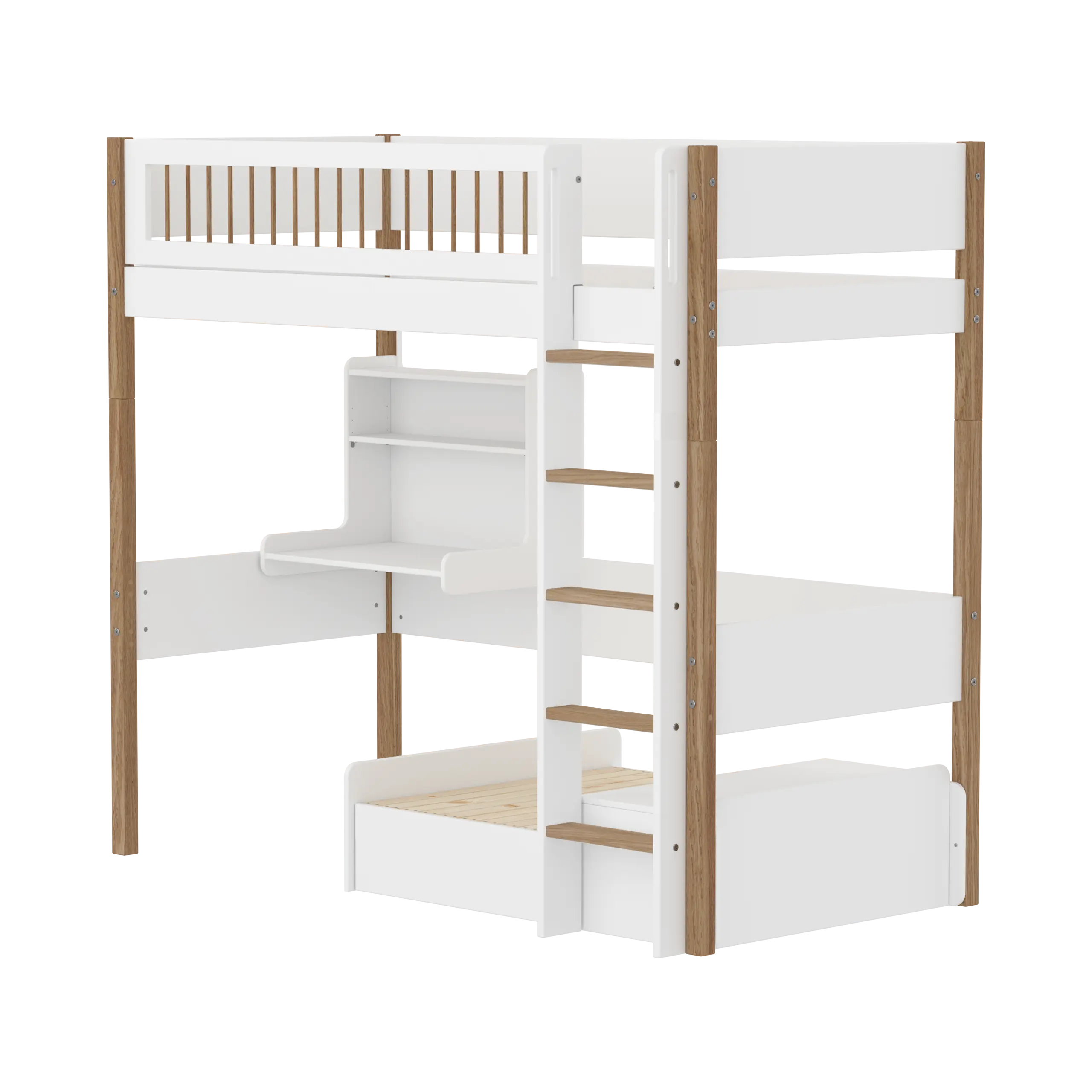 High Bed 184 cm with Sofa, Desk, Ladder and Safety Rail, 90x200 cm, White/Oak HIGHBED 90X200 flexa-com.myshopify.com