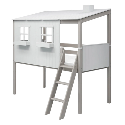 FLEXA Mid-High Bed with House and Ladder, 90x200 cm, White/Grey
